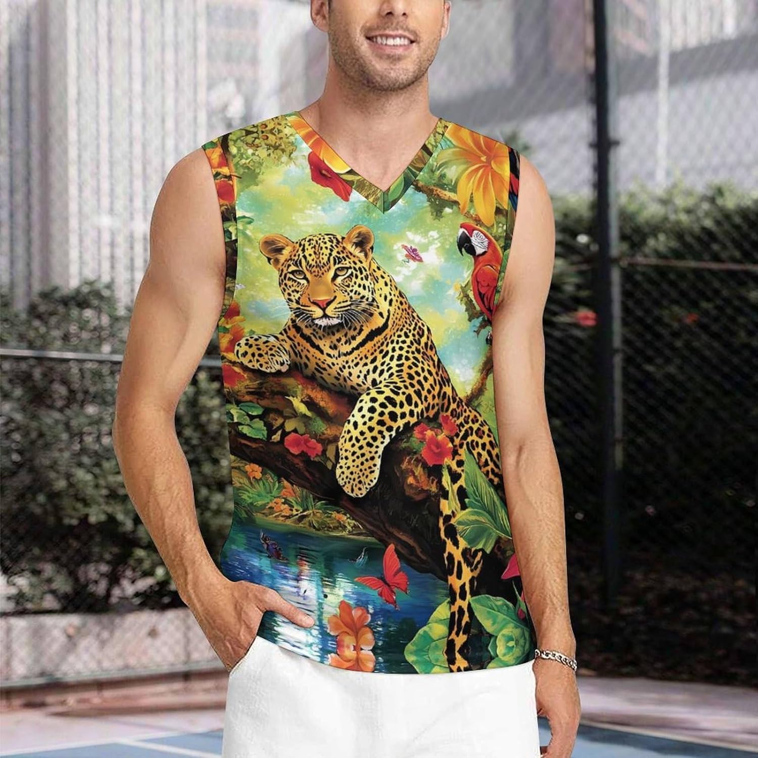 Tropical Forests Parrots and Leopard Men's V-Neck Basketball Tank Top Sleeveless Workout Tank Shirts Gym Fitness Tees Vest