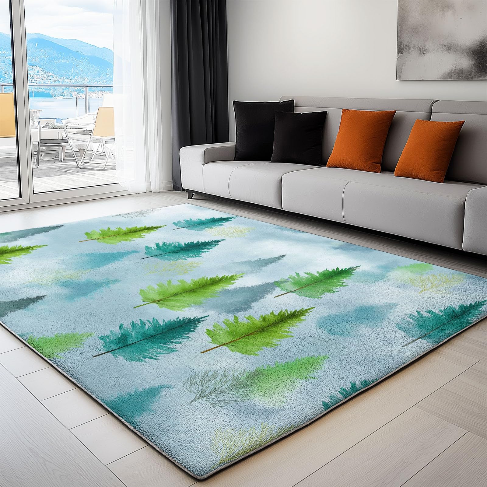 Générique Dywan do salonu 160 x 230 cm Akwarela wiecznie zielony dywan z drzewem, zmywalny niebieski dywan - do sypialni i jadalni miękki antypoślizgowy antypoślizgowy antypoślizgowy dywanik do