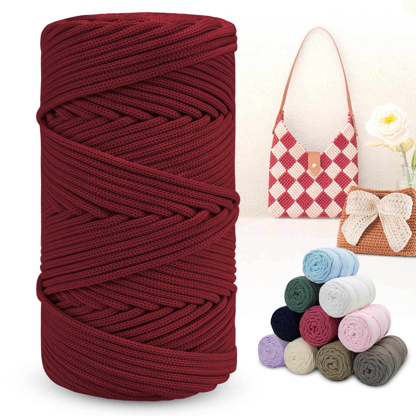 LEREATI Polyester Macrame Cord 4mm x 150m Braided Cord Thick Rope Yarn for Crochet Bags, Wall Hangers, Rug, DIY Crafts (Wine Red)