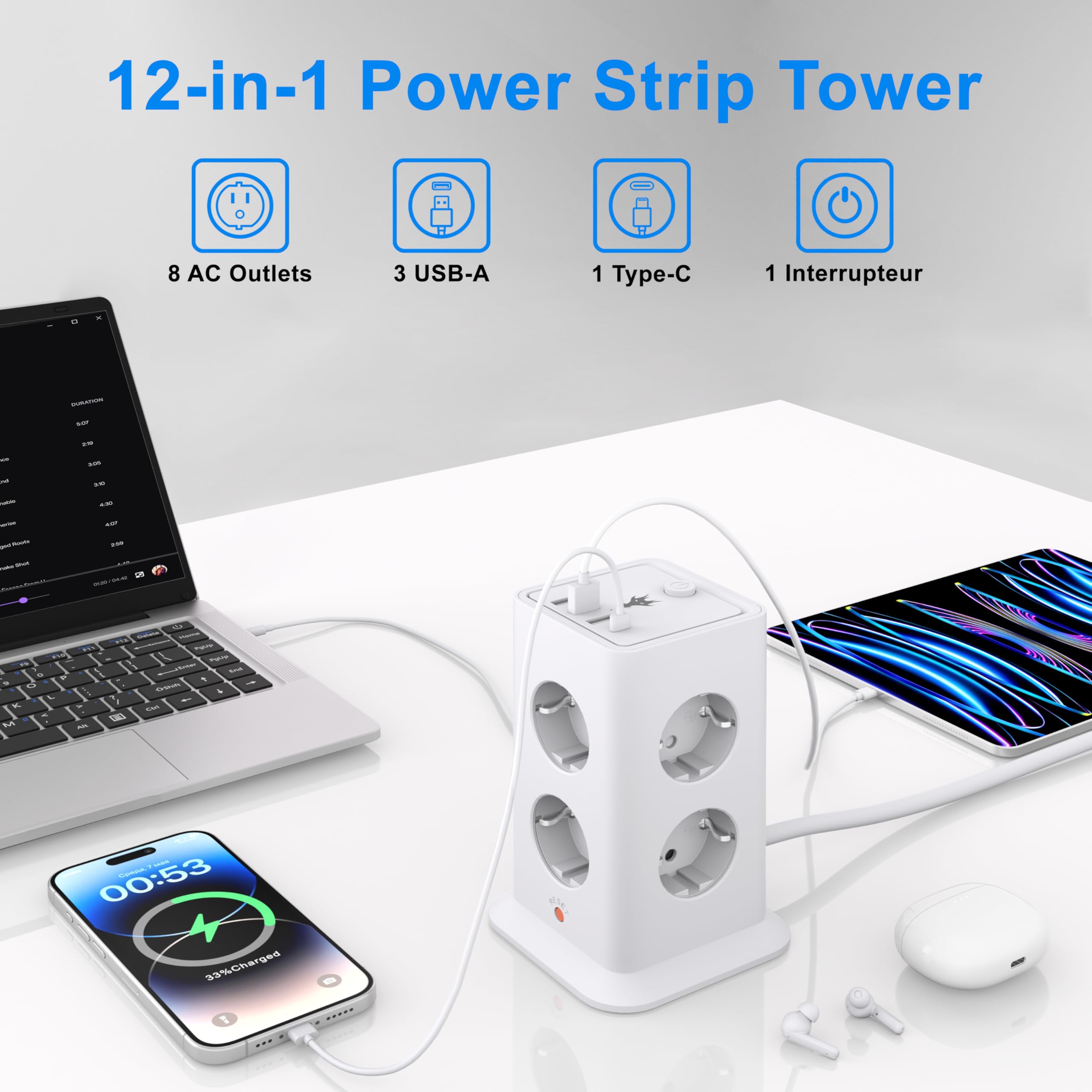 5M Ciabatta Elettrica Multipresa,8 Prese ITA e Schuko,3USB‑A+1USB‑C Bianco | Presa multipla torretta verticale 16A 3680W, interruttore generale, protezione sovratensione, cavo prolunga lungo