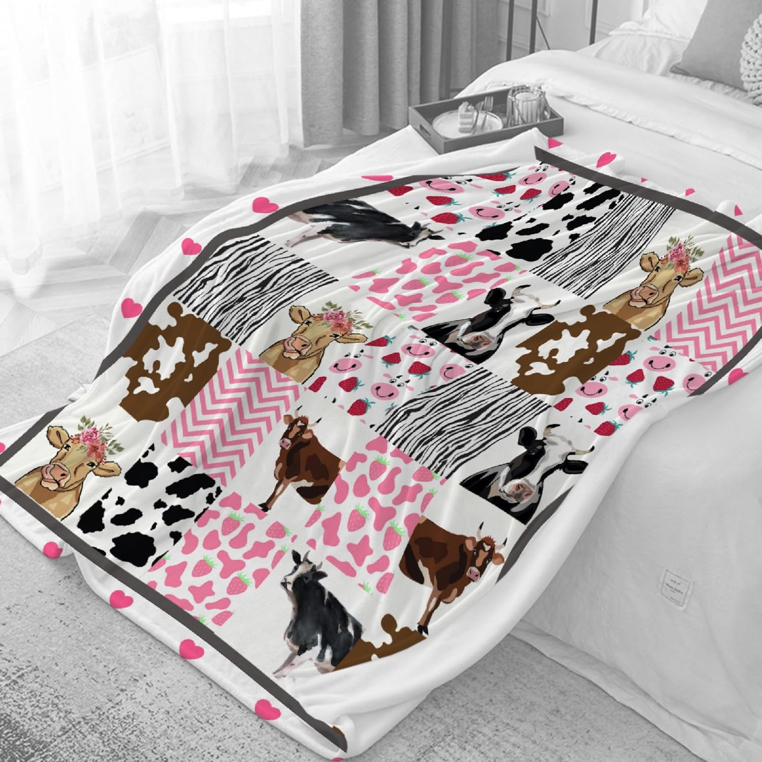 Strawberry Cow Print Blanket Gifts for Boys Girls, Ultra Soft Strawberry Cow Print Throw Blanket, Lightweight Strawberry Cow Print Stuff Warm Plush Throw Blankets for Couch Travel 90"x120"
