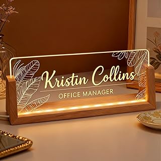 Personalized LED Name Plate for Desk, Light Up Acrylic Office Decor Desk Name Plate with Wooden Base, Custom Name Logo Quote, Appreciation Gifts for Boss Coworkers Employee Women Men (Jungle)