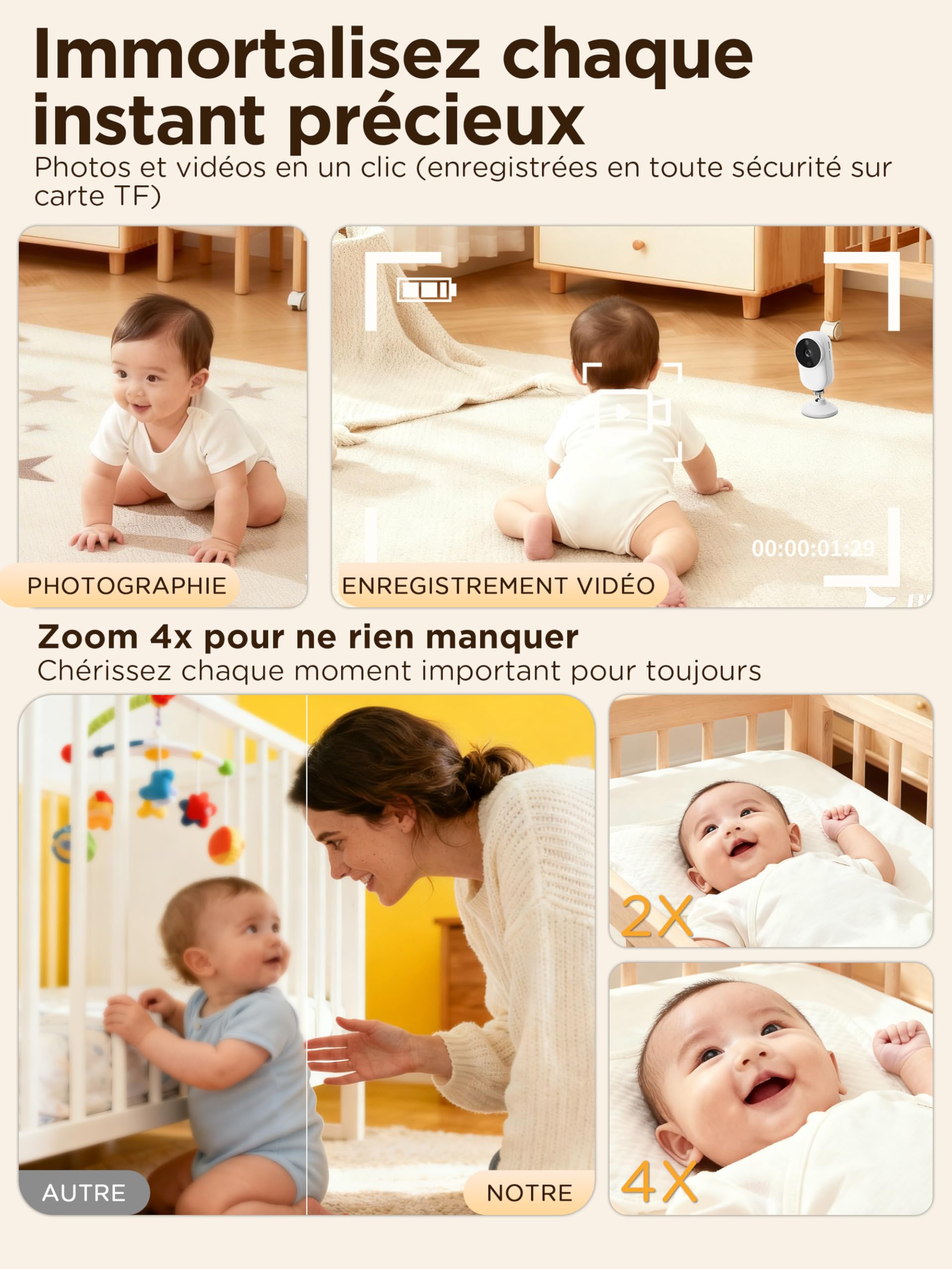 NUOTUN Babyphone Camera sans WiFi avec Support Lit, 1080P Camera Bebe Surveillance avec 3.5" IPS écran, Audio Bidirectionnel, Détection des Pleurs, Vision Nocturne, Berceuses