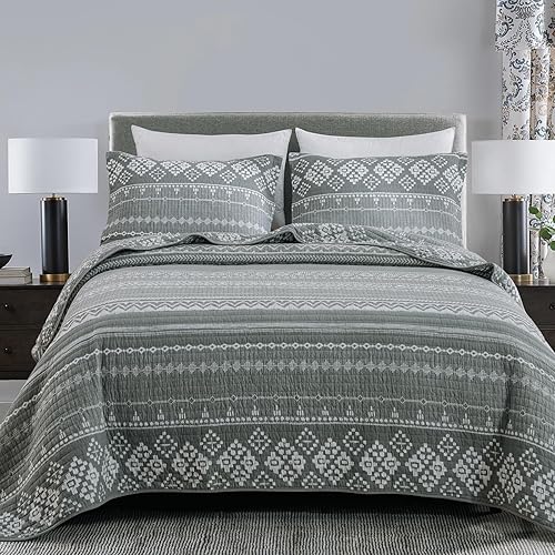 Y-PLWOMEN Colcha tamaño King, 100% algodón, bohemio, a rayas, color gris y blanco, colcha tamaño King, colchas bohemias ligeras y suaves para todas