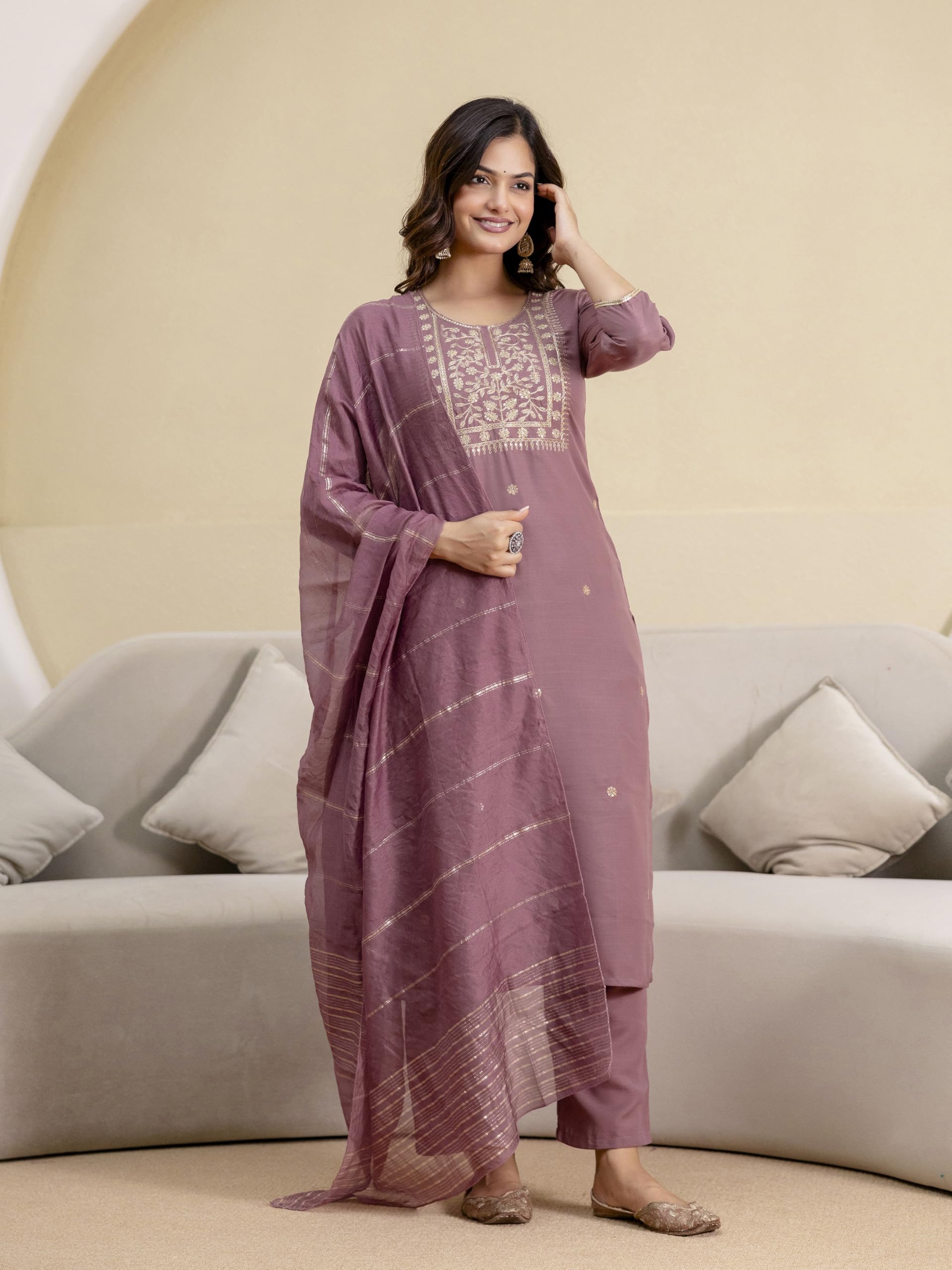 TRENDMALLS Damen Batist Baumwolle Stickerei Arbeit Kurta Hose mit Dupatta Set