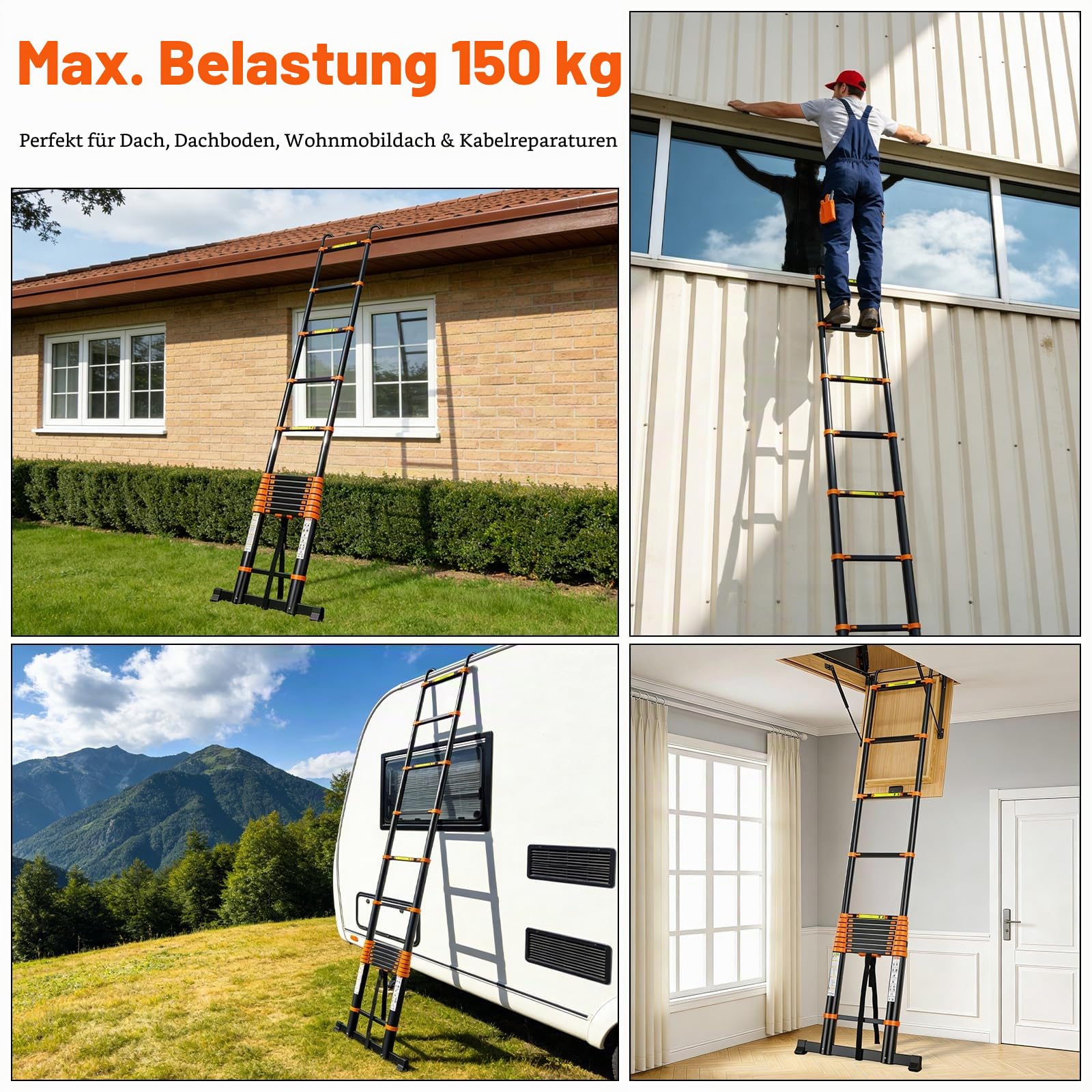 5M Teleskopleiter Ausziehbar Klappleiter Mehrzweckleiter Stehleiter | Rutschfester Tragbar Leiter für Hause, Wohnmobil und Freien, Tragkraft 150 kg