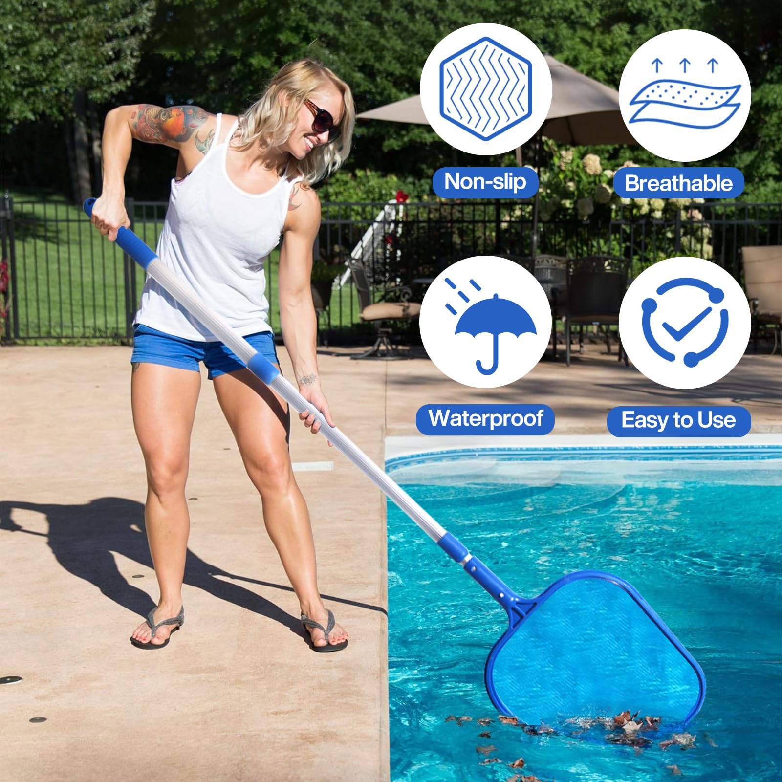 Red de Limpieza de Piscina, Kit de Limpieza Piscina con Red de Malla Fina y Mango de Aluminio, Mantenimiento Piscina, Recoge Tierra Arena Limo Hojas para Piscinas, Fuente, Pecera