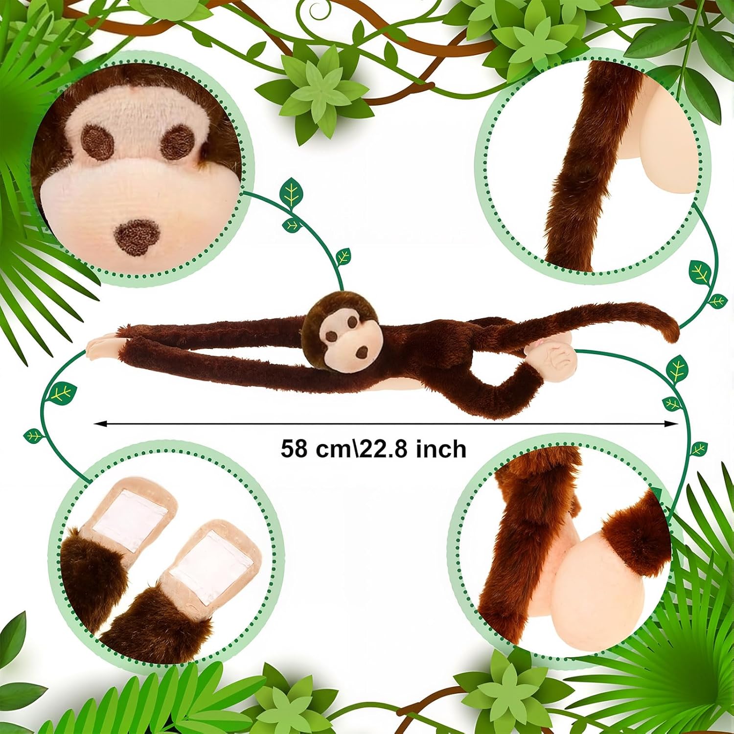 Hungdao 6 Packs Hanging Monkey Stuffed Jungle Animal Toy Gifts with Hook and Loop Jungle Party Hanging Plush Monkey for Classroom Birthday Party Decorations(Dark Brown,24 Inch)