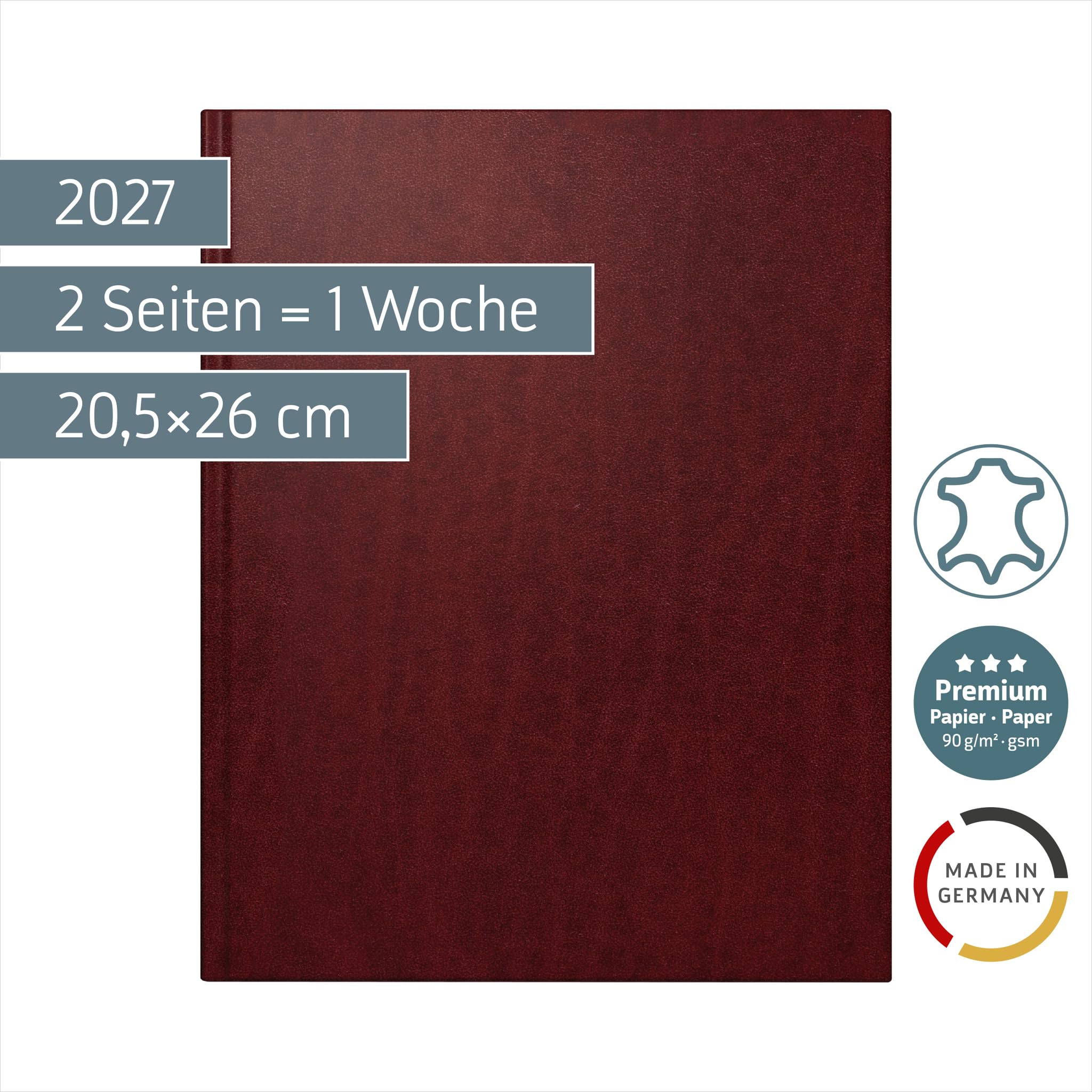 rido/idé Buchkalender Premium Mod. Managerkalender TM 2027 | 20,5×26 cm, Leder, weinrot