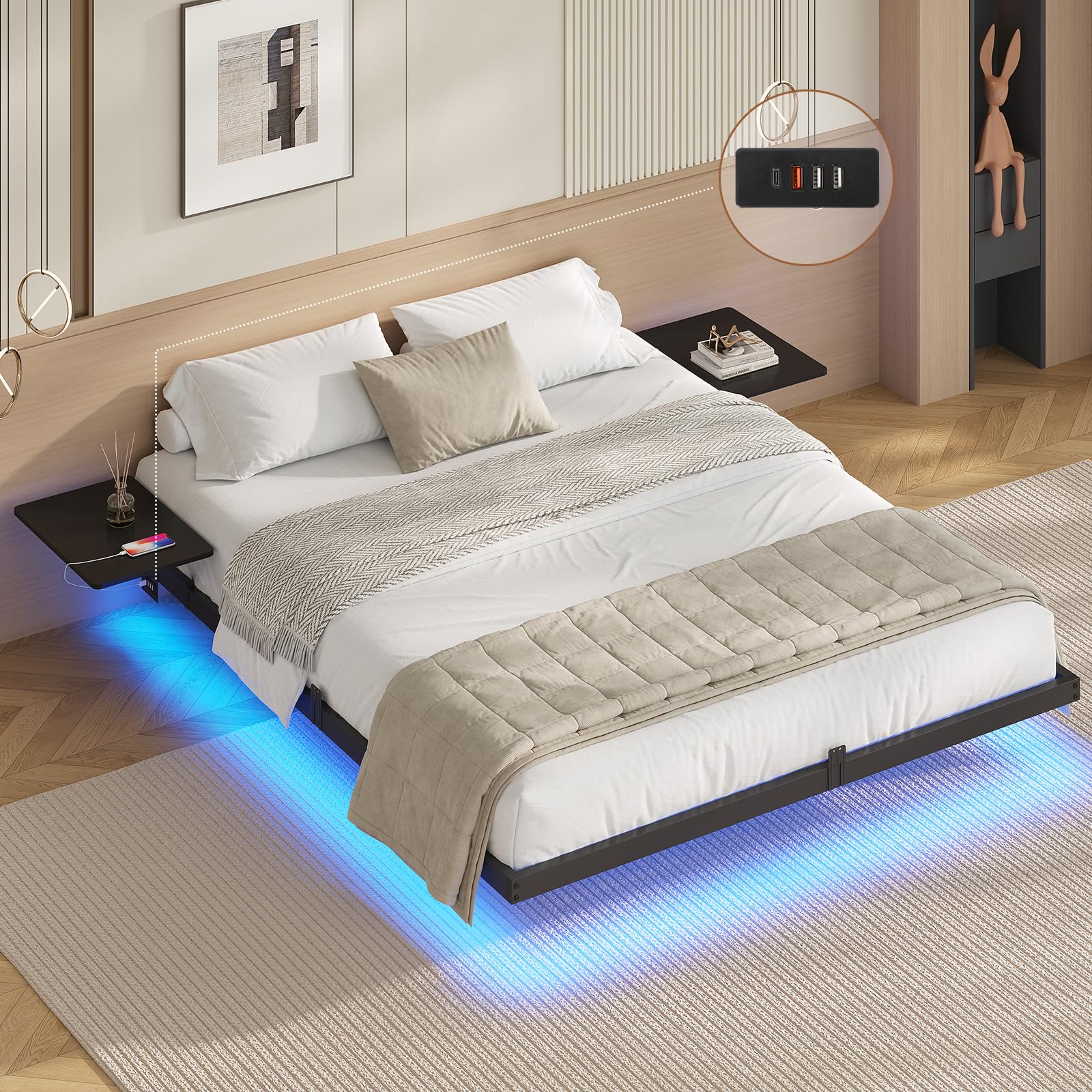 AOGLLATI Bettgestell Bett aus Metall mit LED Beleuchtung und Ladestation Schwebender Bettrahmen mit Aufbewahrungsregalen Metallbett mit Lattenrost Schwarz (Ohne Matratze)