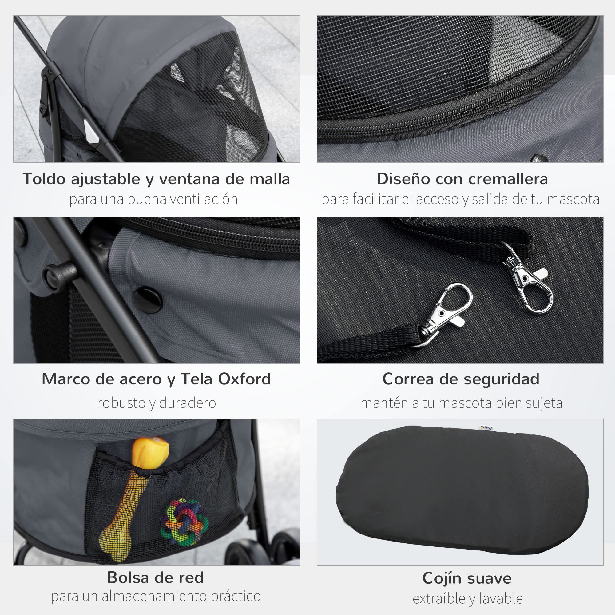 PawHut Carrito para Perros Plegable Cochecito para Mascotas Cochecito para Perros Pequeños con Ventanas de Malla Cojín Lavable Correas de Seguridad y Marco de Acero Carga 10 kg Gris