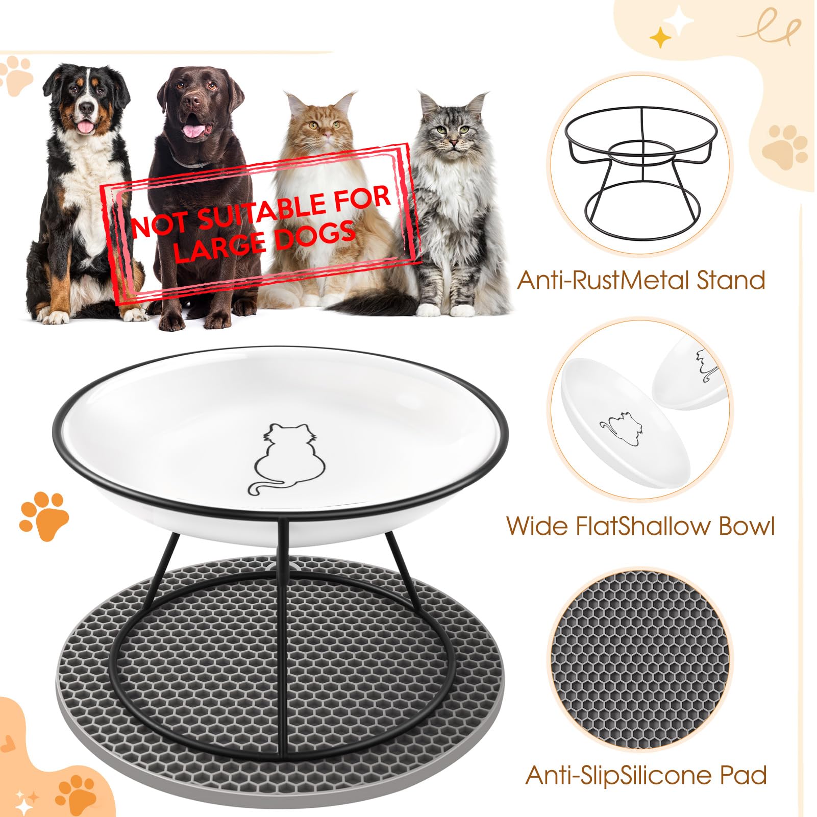 FoiiLiio Ciotole per Gatti Rialzate 2 Pezzi Ciotola per Gatti Ceramica Rialzata 10CM con Supporto e Pad Antiscivolo Porta, per Cibo e Acqua