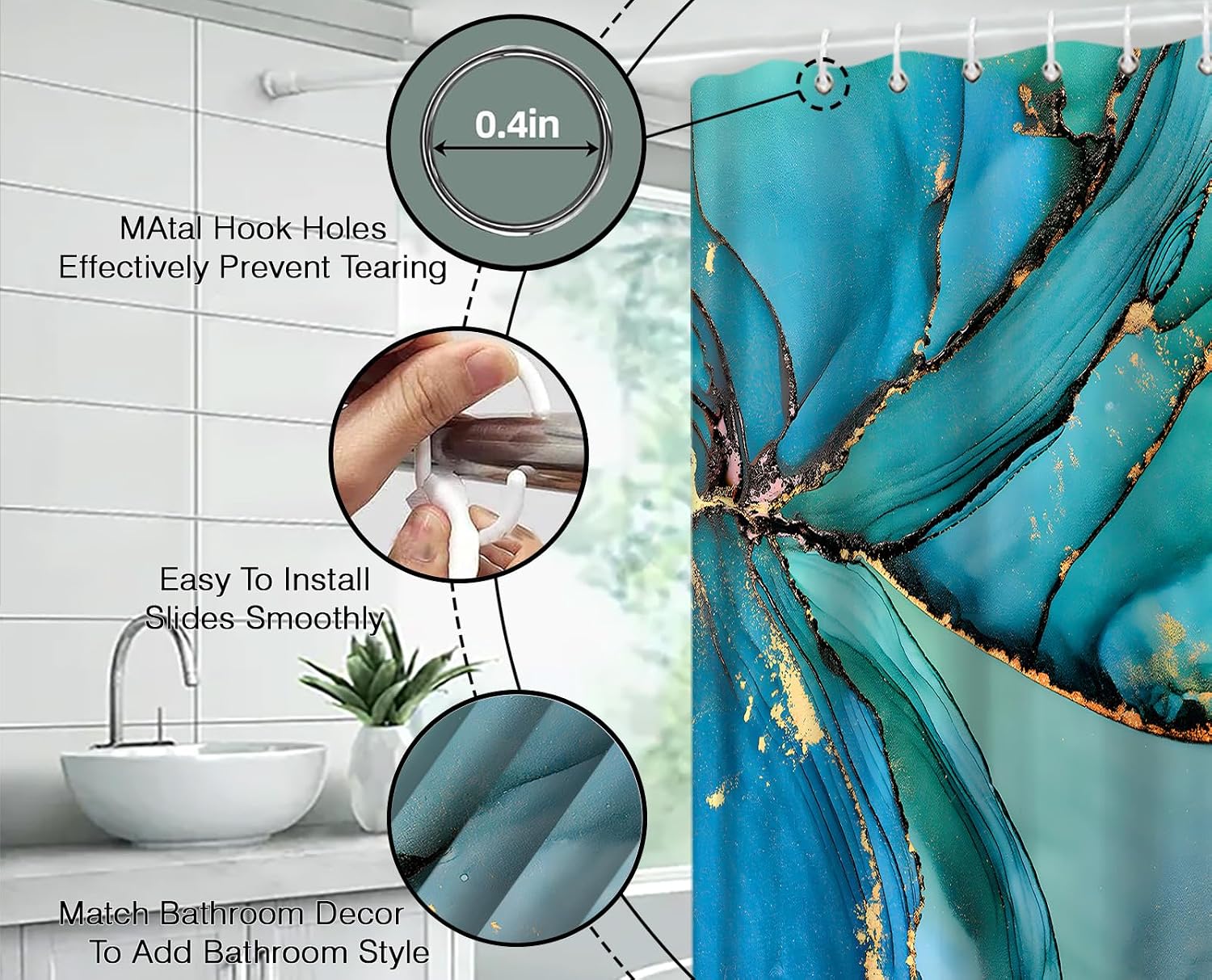 Abstract Marble Shower Curtain Blue Purple Marble Gold Texture Colorful Ombre Modern Teal Turquoise Bathroom Decor Curtain with Hooks,