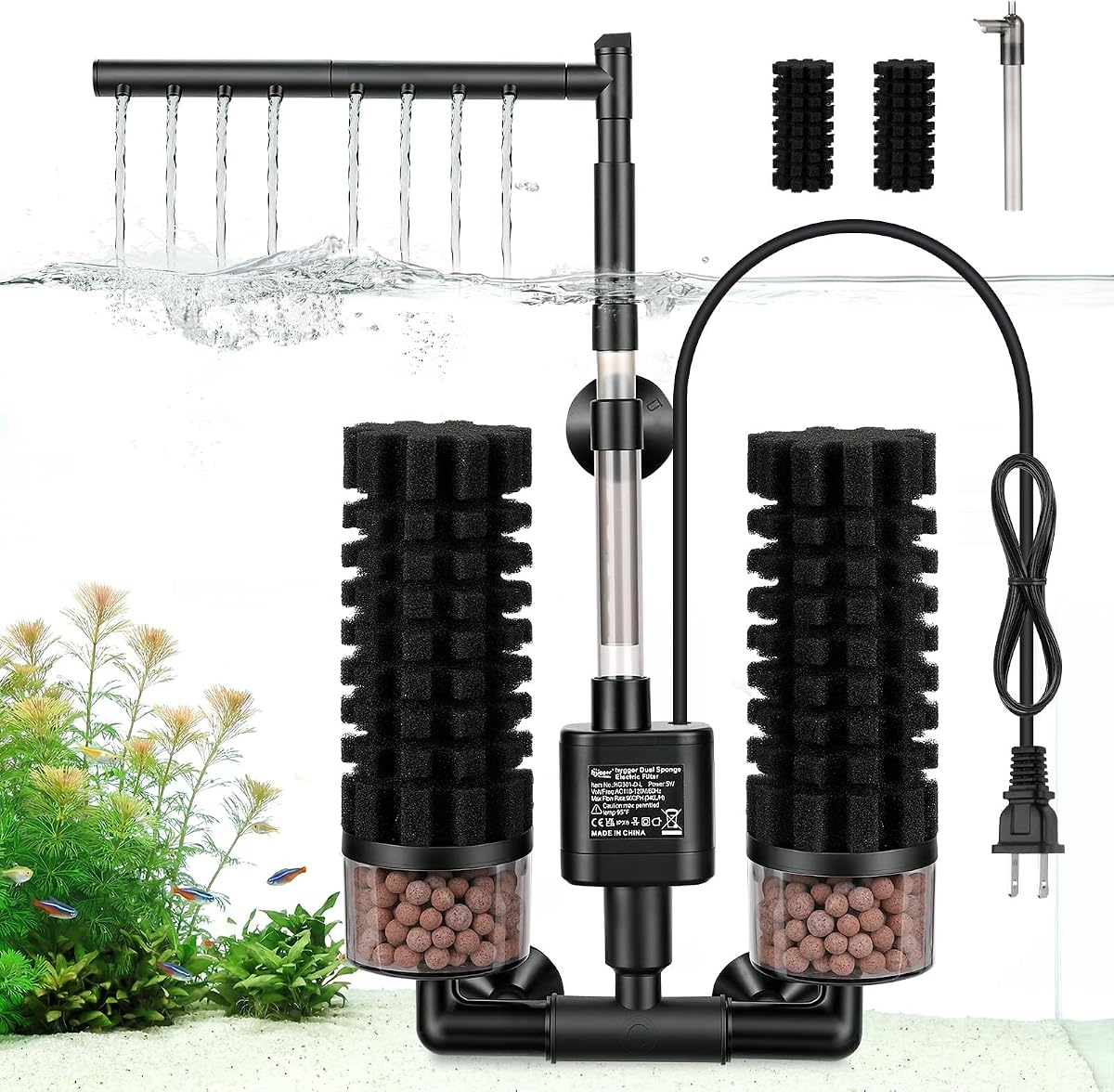 hygger Electric Aquarium Sponge Filter, 5W Quiet Fish Tank Filter Pump with 2 Spare Sponge & Bio Media Balls, Adjustable Outlet Venturi & Rain Mode(L for 29-55 Gal Fish Tank)