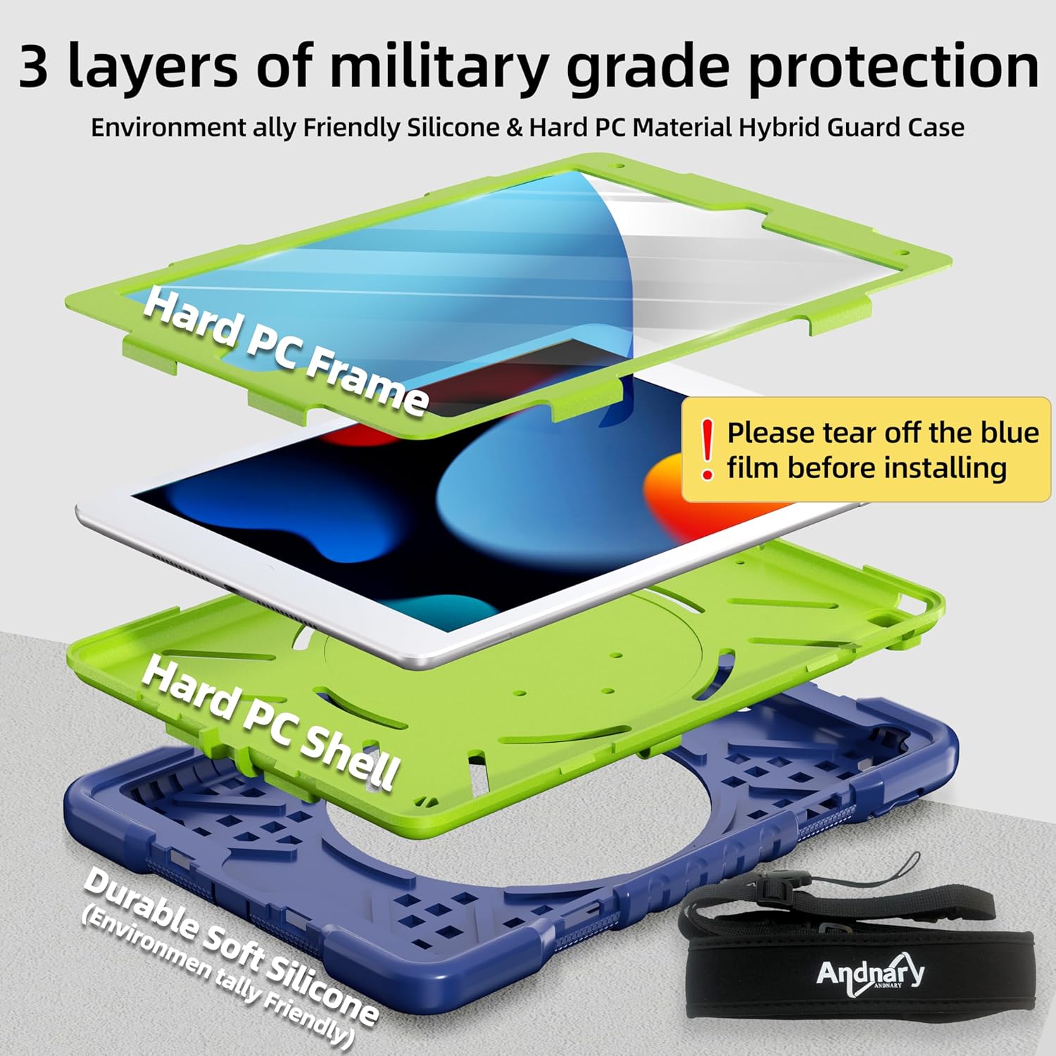Case for iPad 9th/8th/7th Generation 10.2 inch, Shockproof Cover with Screen Protector/360° Rotating Handle/Bracket/Pen Holder/Shoulder Strap, Kids Case for iPad 2021/2020/2019 (Navy+Green) - Image 3
