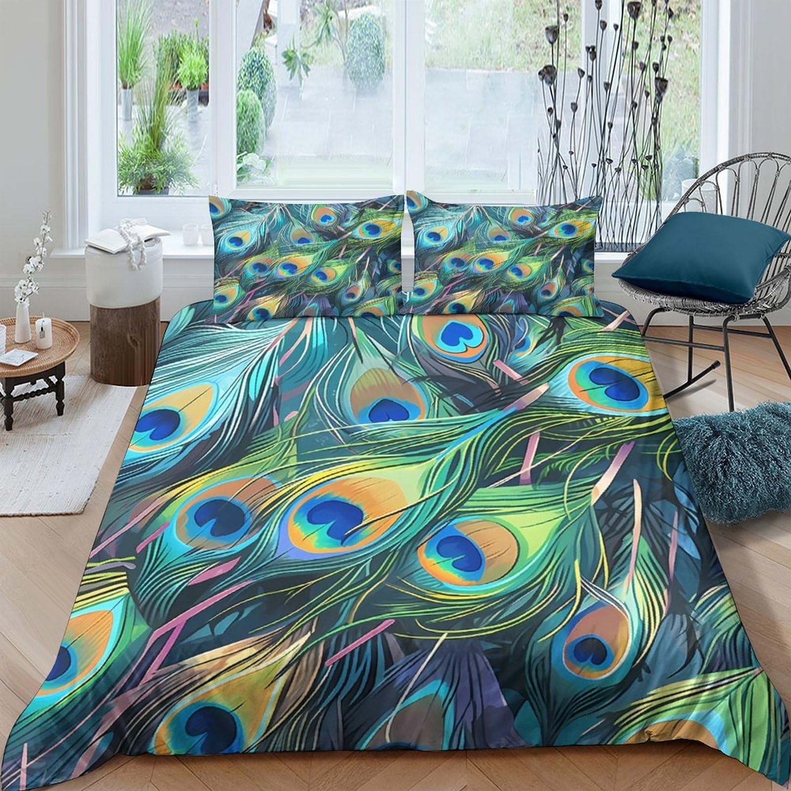 Ctjqhvkz Style-9 3D Printed Peacock Feather Fitted Sheet Microfiber Soft Anti-Slip Mattress Cover For Bedroom Guest Room Dorm Decorative Bedding Single（135X200cm）