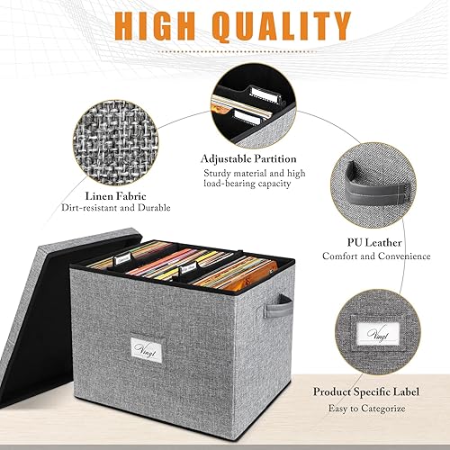 Miniatura 4 de Caja de almacenamiento de discos de vinilo para más de 100 discos individuales, organizador LP Rrecord con tapa y divisores ajustables, caja móvil