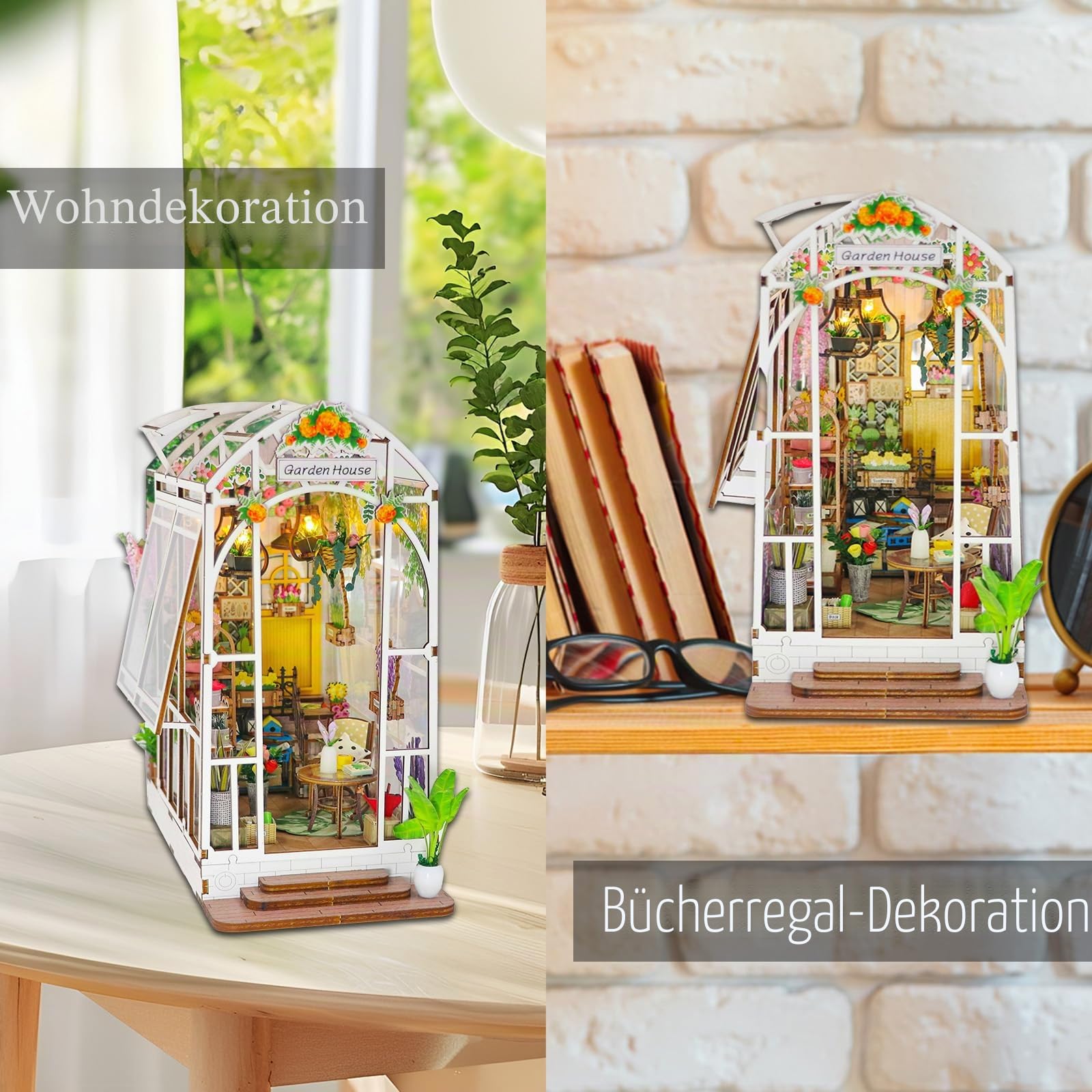 Shrike Book Nook Kit, DIY Puppenhaus, Booknook Kit, Miniatur Haus Selber Bauen Bausatz mit LED-Beleuchtung, 3D Holz Puzzle Buchstütze Bücherregal Einfügen Dekor für Erwachsene (Sunshine Garden House)