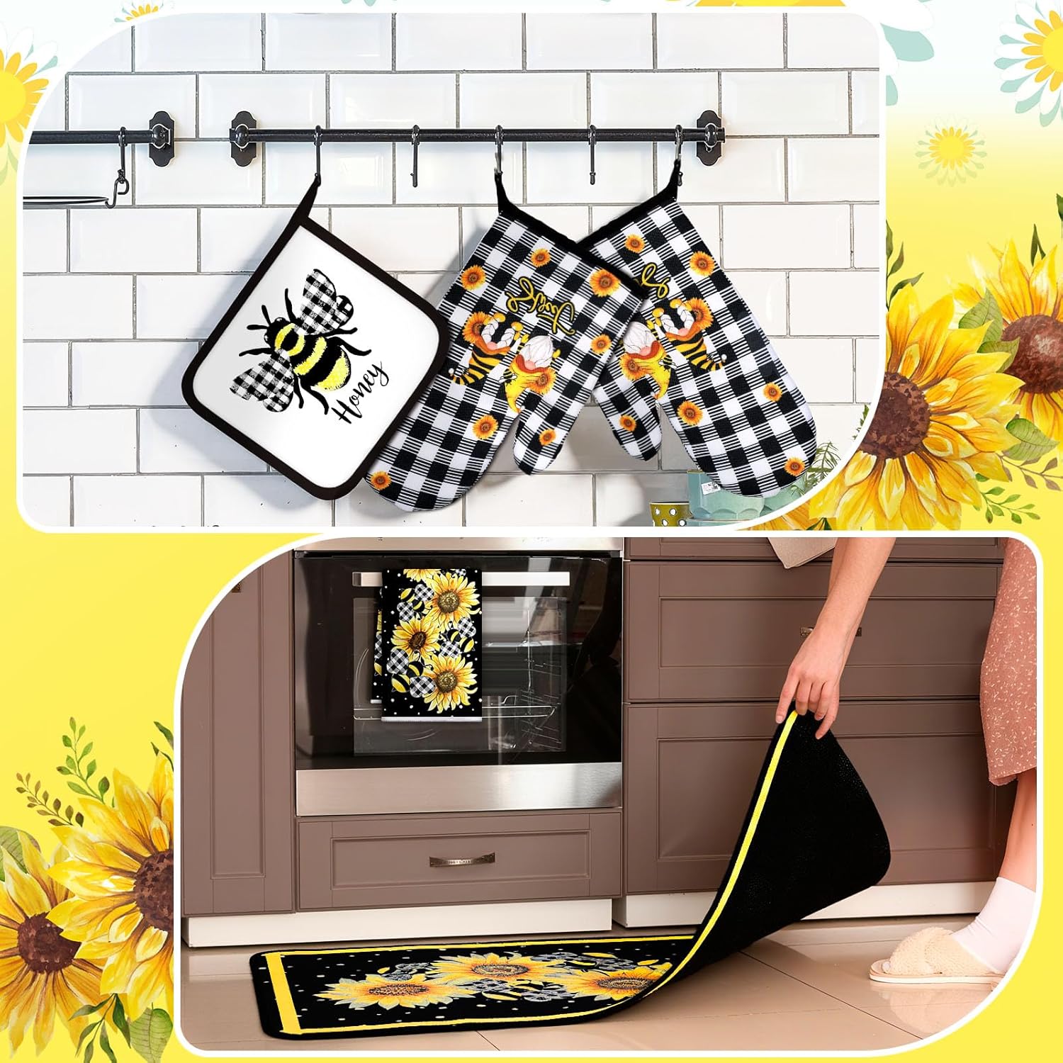 10 Pcs Bee Kitchen Decor Sunflower Oven Mitts and Pot Holders Set Yellow Bee Dish Towels Rugs Mats Buffalo Plaid Kitchen Accessories for Chef Baking Cooking Grilling BBQ Women Home Gift - Image 7