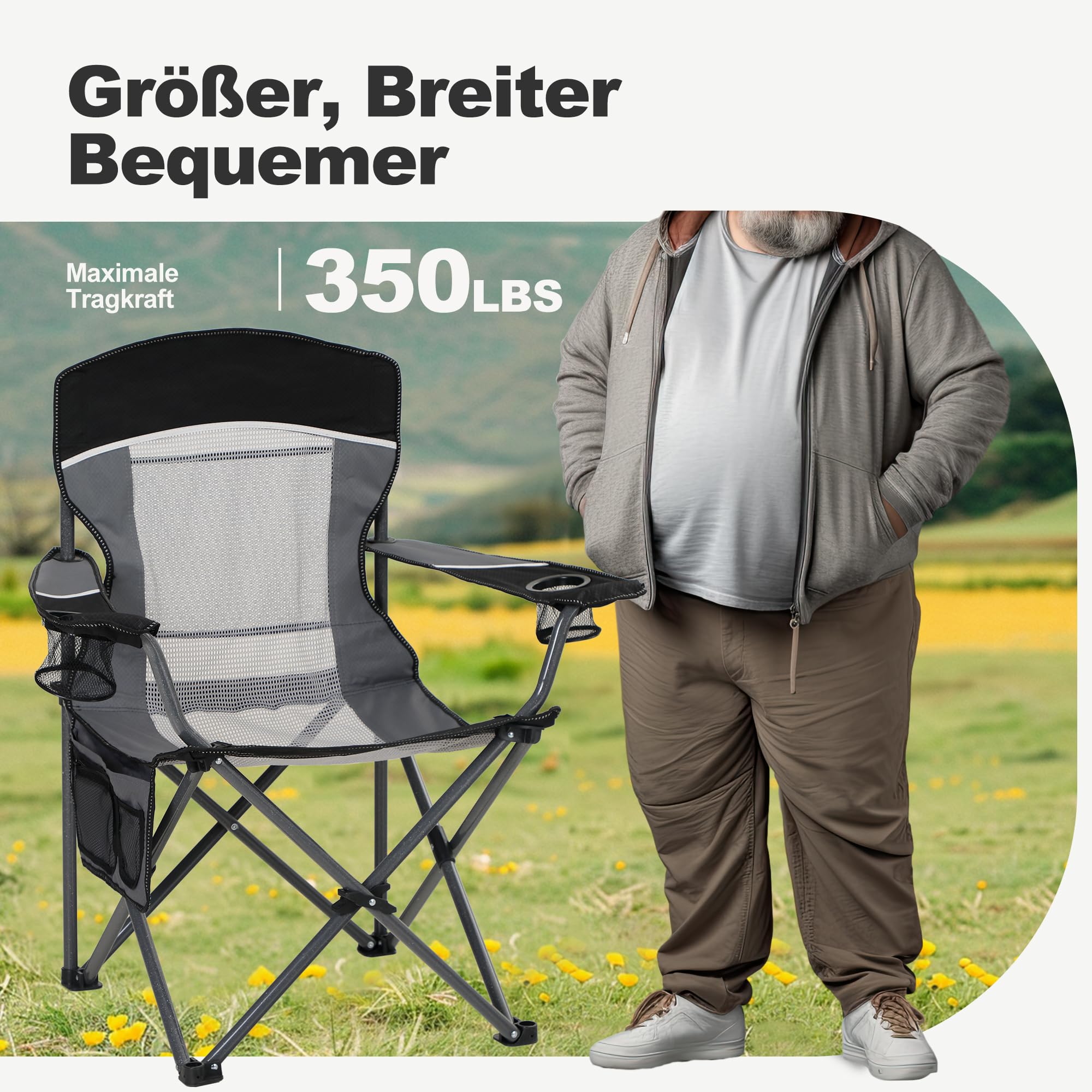 LET'S CAMP Netzrücken Campingstuhl Tragbar Klappbar Campingstuhl Faltbar Camping Stuhl mit Getränkehalter Tragetasche für Camping, Angeln, Wandern bis 150kg