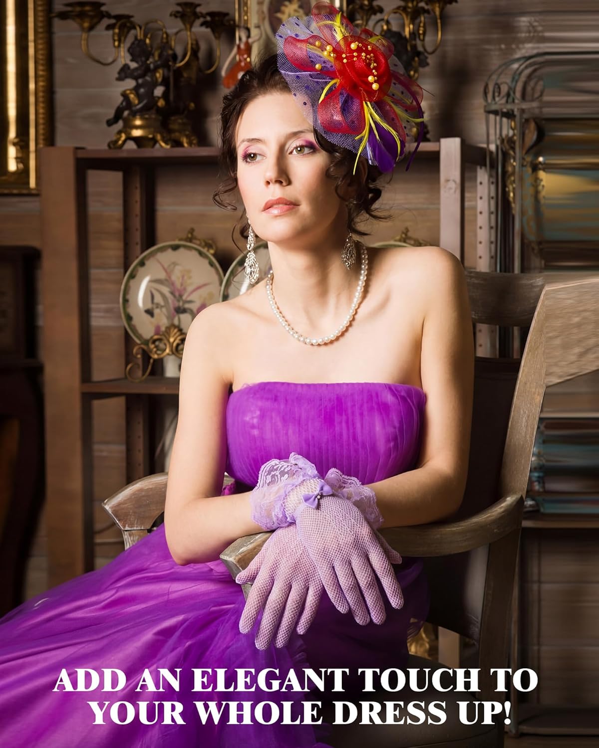 6 Sets Fascinators Hats for Women Tea Party Hat with Veil and Lace Gloves and Bead Necklaces for Vintage Party
