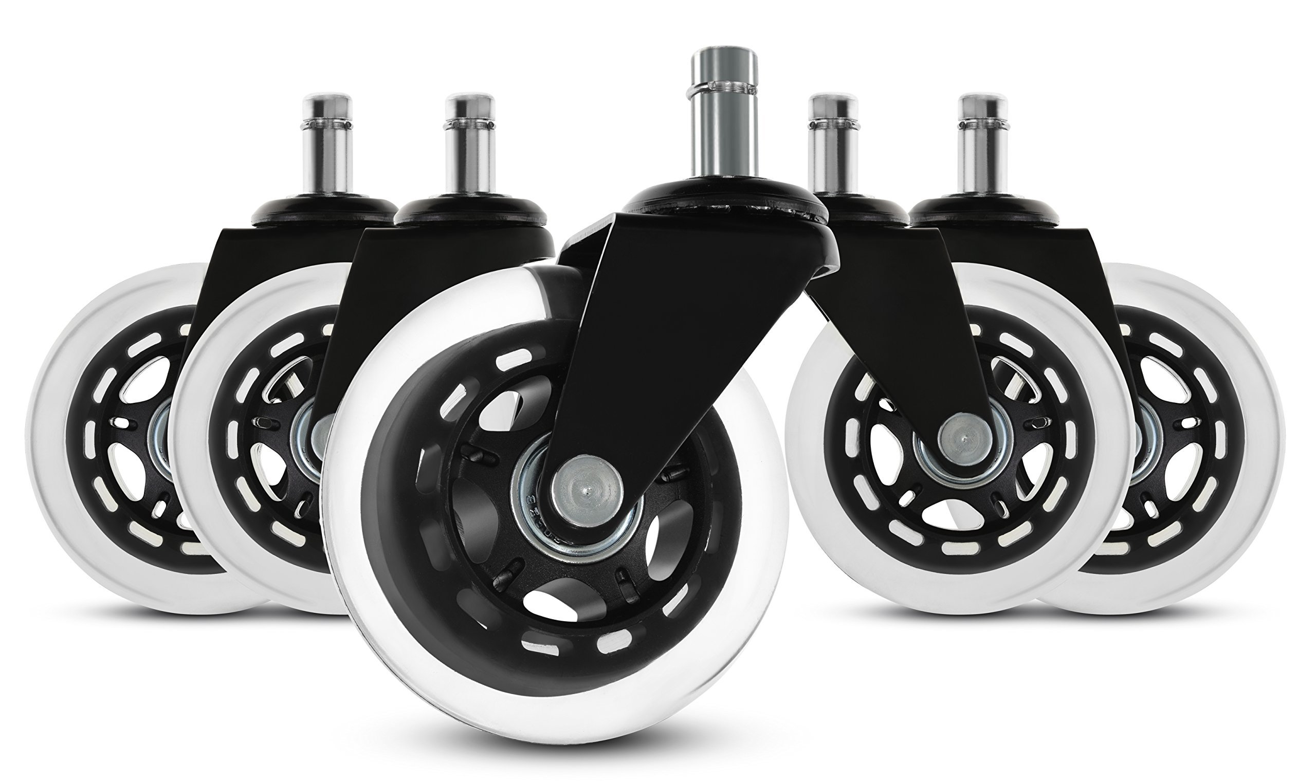 Office Chair Caster Wheels Replacement (Set of 5) Rollerblade Style Safe for All Floors Including Hardwood and Carpet - Universal Fit Easy Installation
