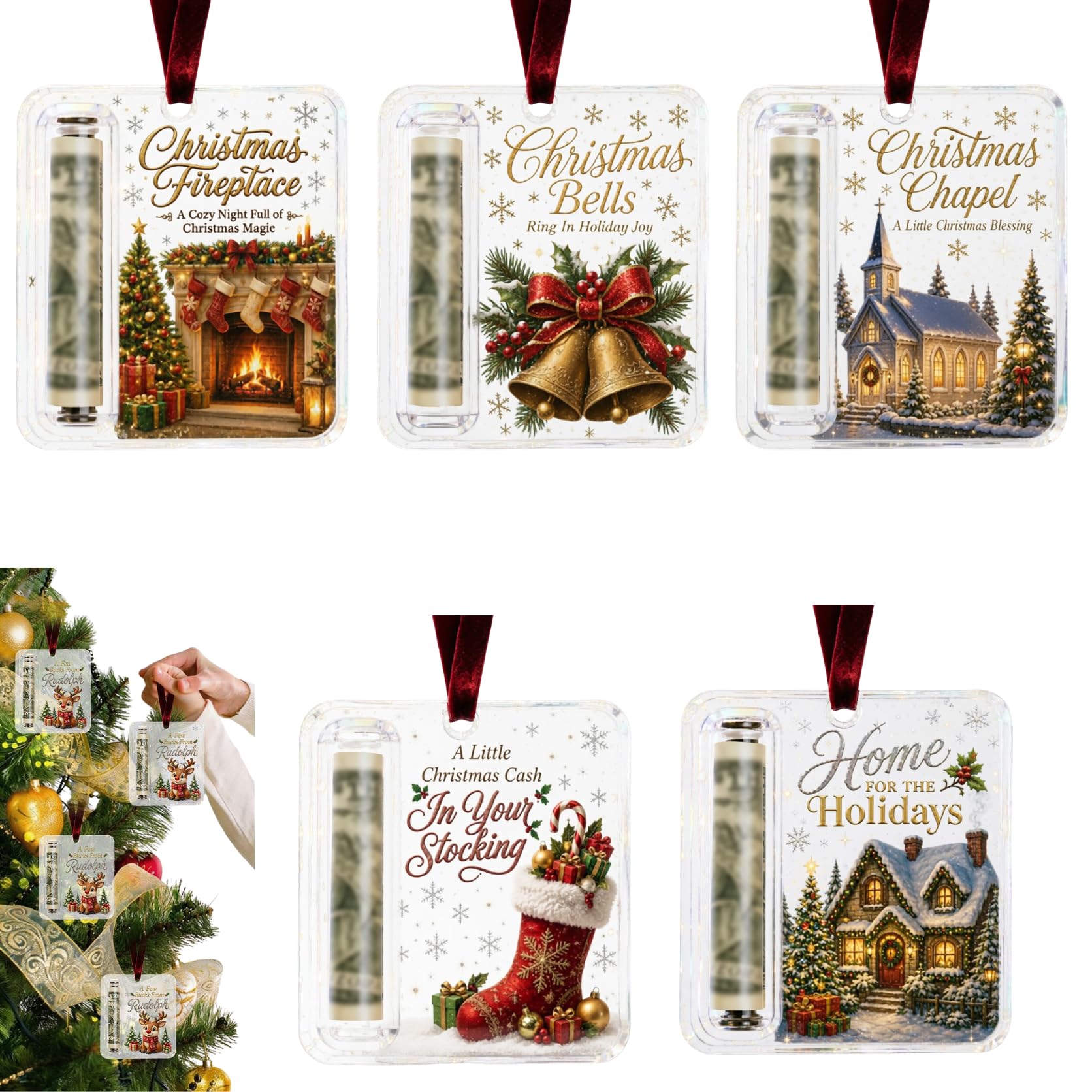 5 Pcs Acrylic Christmas Money Holder, Christmas Cash Gift Holder Ornament