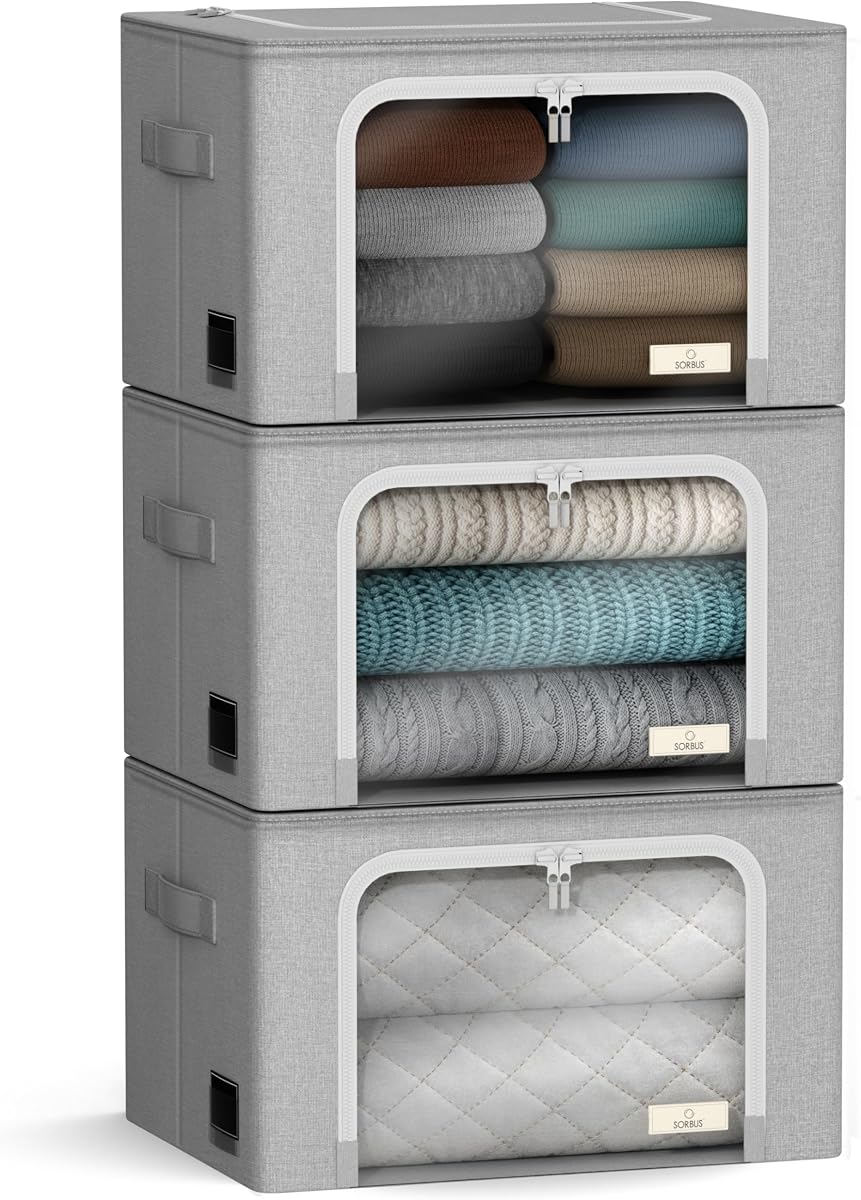 Sorbus Contenedores de almacenamiento con marco de metal - Bolsas organizadoras de ropa apilables y plegables - Contenedores de almacenamiento de tela Oxford con ventana transparente grande y asas de transporte Organización para ropa de cama y ropa