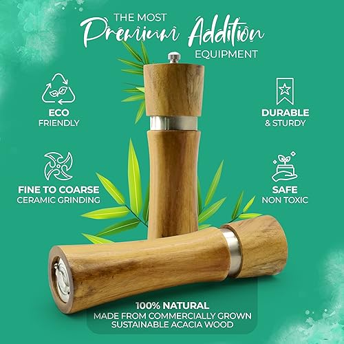 Miniatura 3 de Juego de molinillo de sal y pimienta de madera con soporte hecho de madera de acacia de primera calidad, recargable, respetuoso con el medio