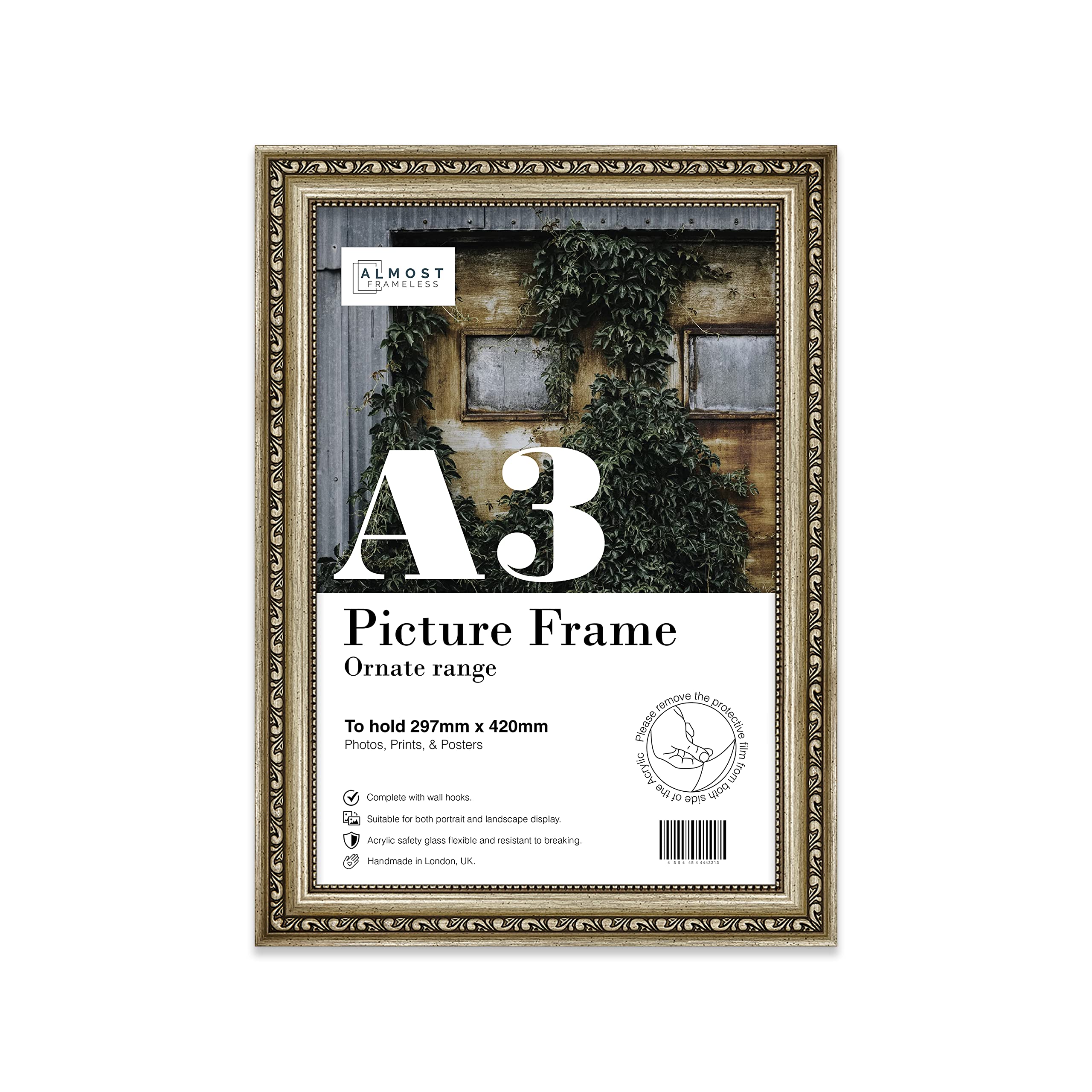 Almost Frameless A3 Champaign Ornate Picture Frame Fits A3 (29.7 x 42cm - 11.7 x 16.5in) Poster, Photo, Artwork, or Print. Elegant Style Portrait and Landscape Display with Wall Hooks