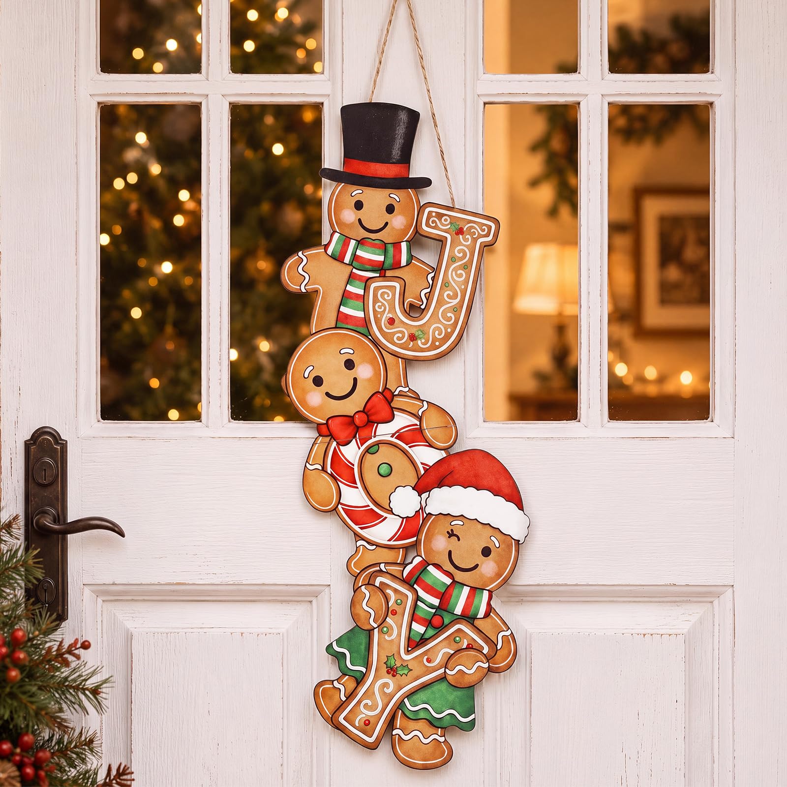 Rattanview Large Christmas Gingerbread Man Door Hanger Wooden Welcome Decor