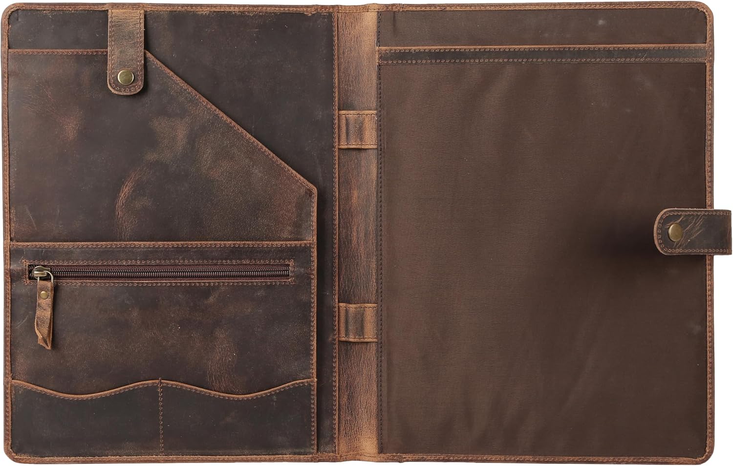 KomalC Leather Portfolio Folder with Luxury Pen and Button Closure | Business Padfolio for Professionals | Vintage Organizer with Legal Pad Holder & Card Slots (Distressed Tan)