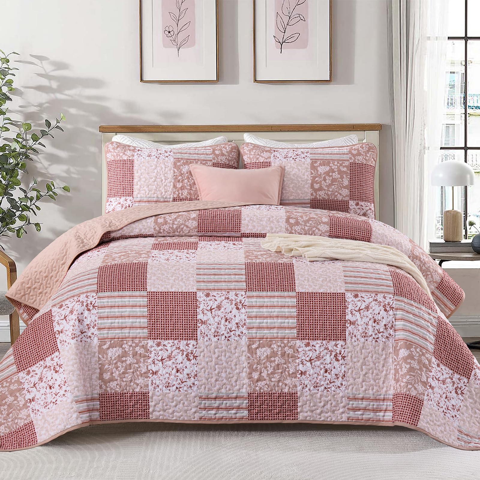 Mybedsoul Boho Quilts Queen Size, Patchwork Floral Bedding Set, Pink