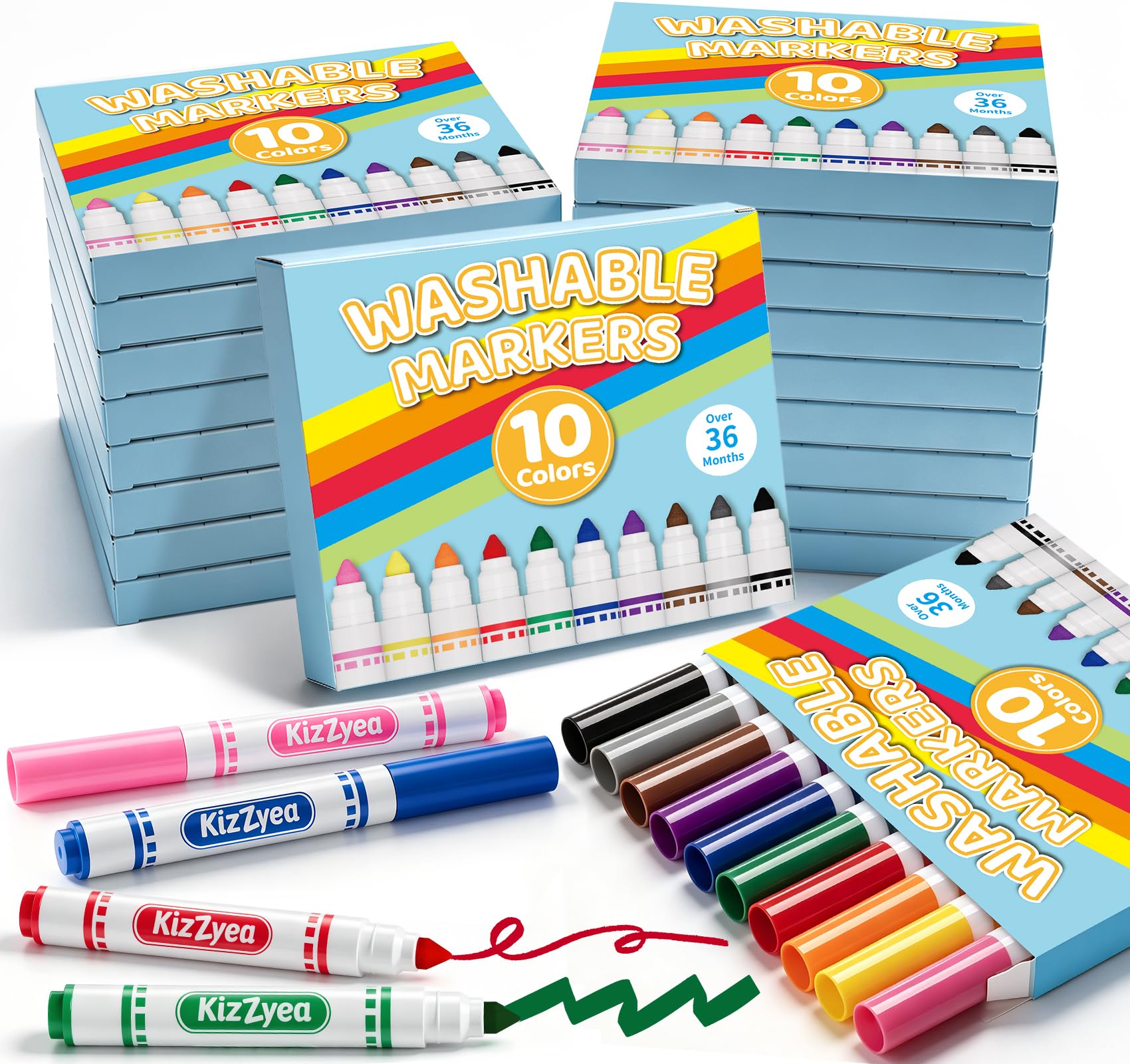 Abwaschbare Marker für Kinder, 10 verschiedene Farben, 24 Schachteln, 240 Stück | 24 Boxen, waschbare Malmarker, Künstlerbedarf, Klassenzimmer-Gruppenaktivitäten, Schulanfang, breit und fein