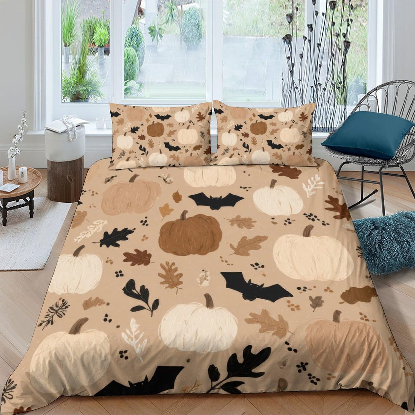 Ctjqhvkz Style-8 3D Printed Pumpkin Leaf Fitted Sheet Microfiber Soft Brown Bat Mattress Cover For Bedroom Guest Room Autumn Decor Single（135X200cm）