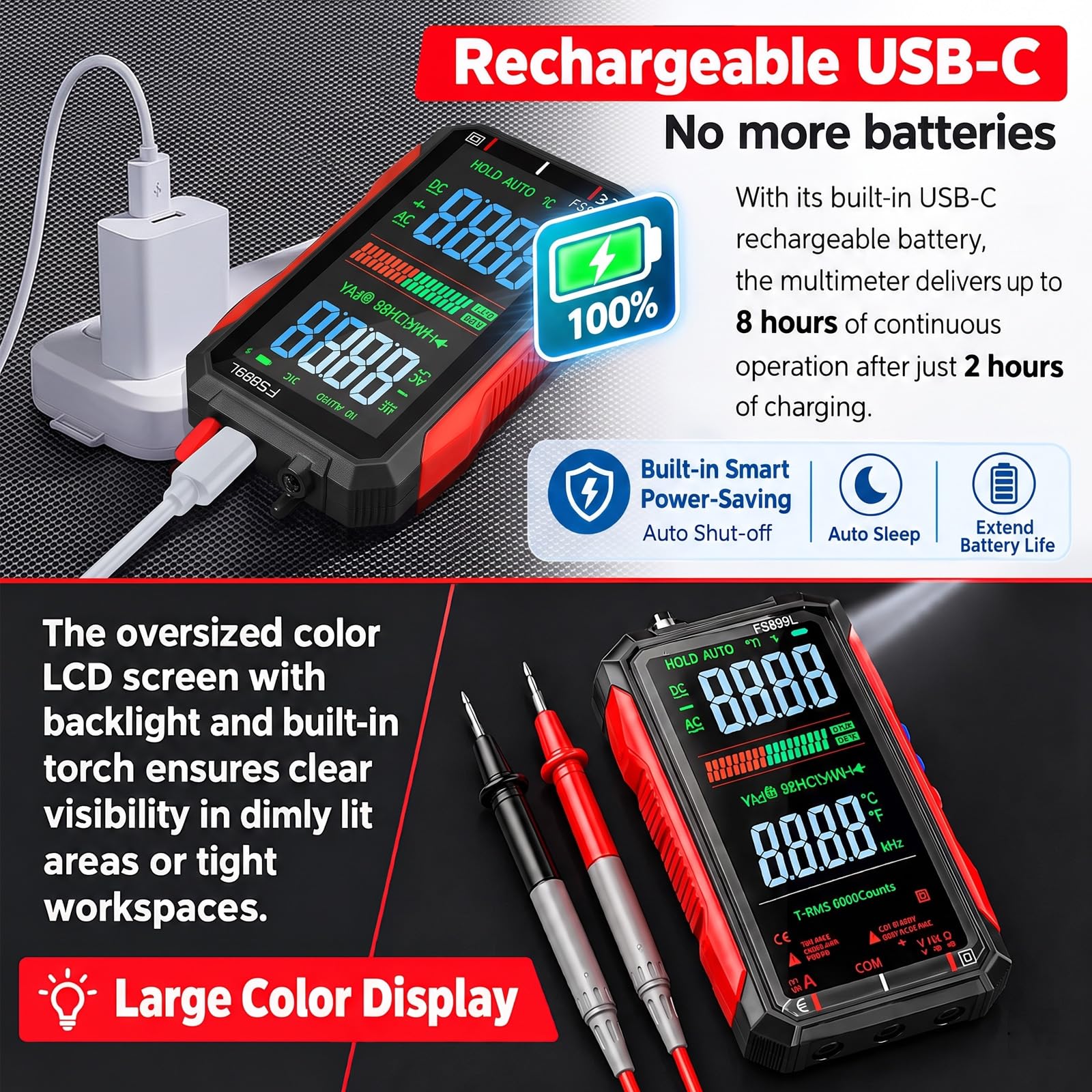 Rechargeable Digital Multimeter 6000 Counts True RMS Smart Tester with 5-Inch Screen, Auto-Range, NCV Detection, Capacitance & Temperature for Home Automotive Industrial Electrical Repairs (Red) — Amazon image 3