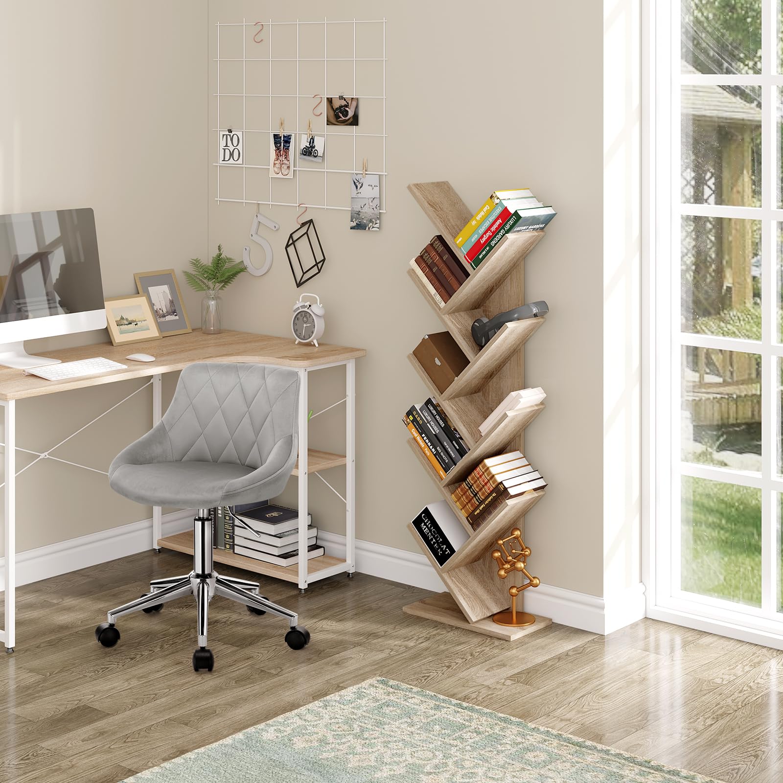 EUGAD Estantería para Libros Librería de Árbol de Almacenamiento de Oficina Estante Soporte de CD DVD con 8 Niveles, 40x20x127cm, Roble Claro