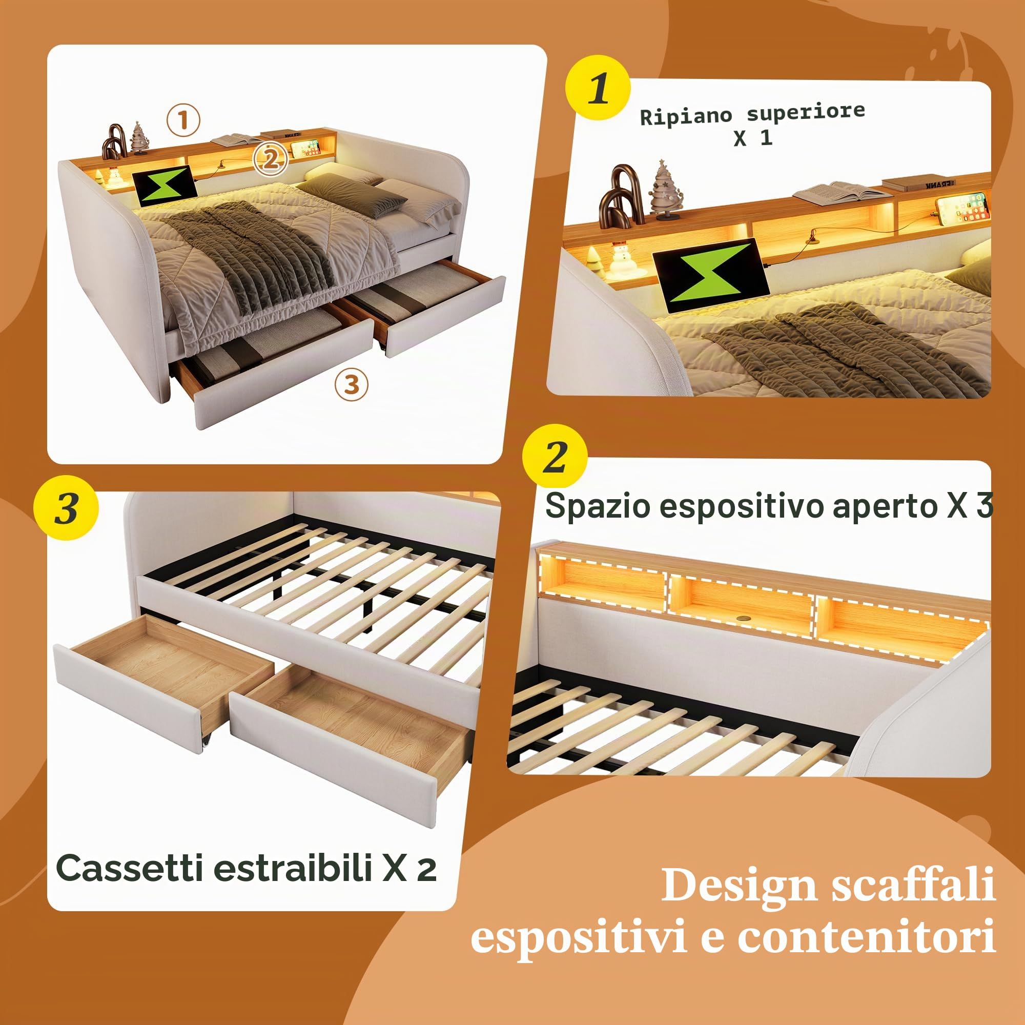 Divano Letto Imbottito 140x190 cm con LED e USB-C, Letto Matrimoniale con 2 Cassetti e Testiera Contenitore, Letto Multifunzione Struttura del letto con Rete a Doghe, Letto per gli ospiti, Beige