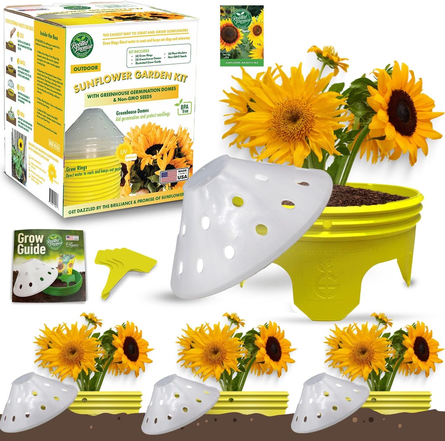 Sunflower Garden Kit – Grow Giant Sunflowers from Seeds with Patented Grow Rings & Greenhouse Domes, Organic & Non-GMO, BPA-Free | Outdoor Gardening Gift for Adults, Made in USA