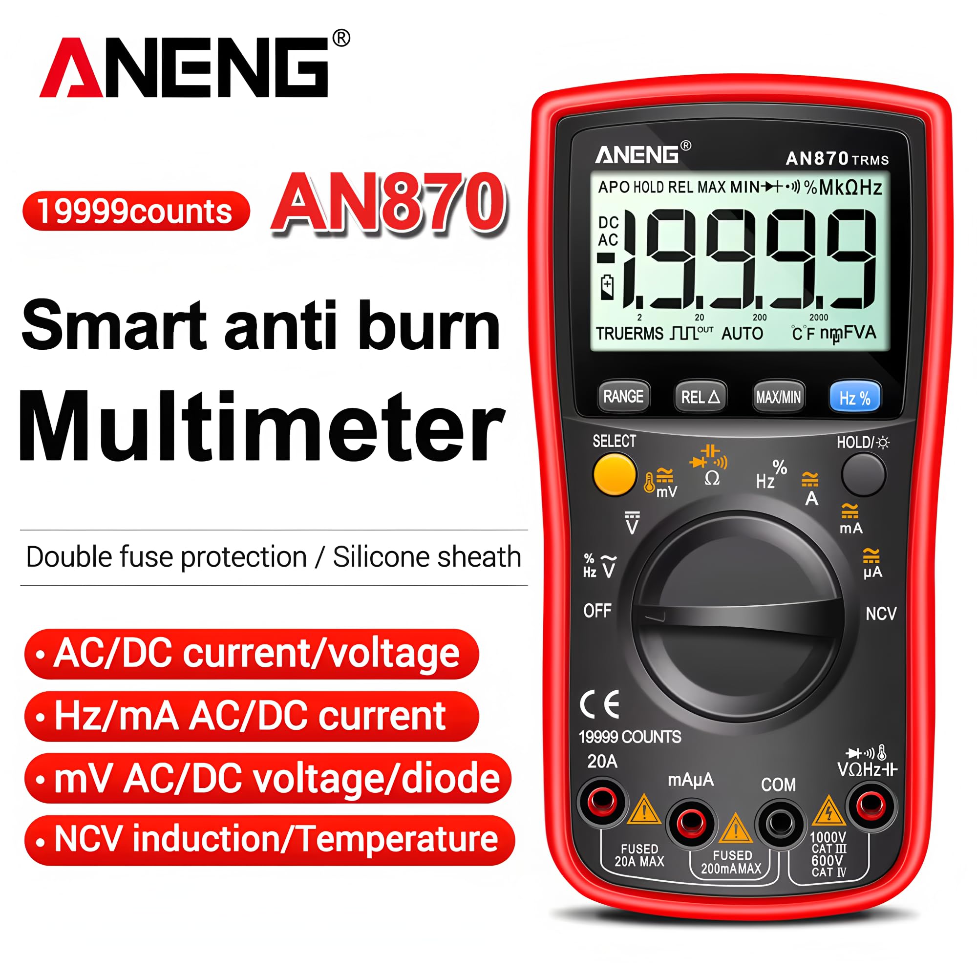 Multimetro intelligente AN870 digitale professionale 19999 conteggi tester tensione AC corrente NCV capacità resistenza ohm strumento di prova (AN870)