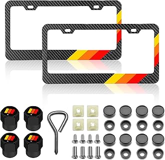 License Plate for Tri-Color 3 Color Yellow Orange Red Premium Carbon Fiber Steel License Plate Holder Compatible All Vehicle License Plate Tag Cover Fit Accessories Included