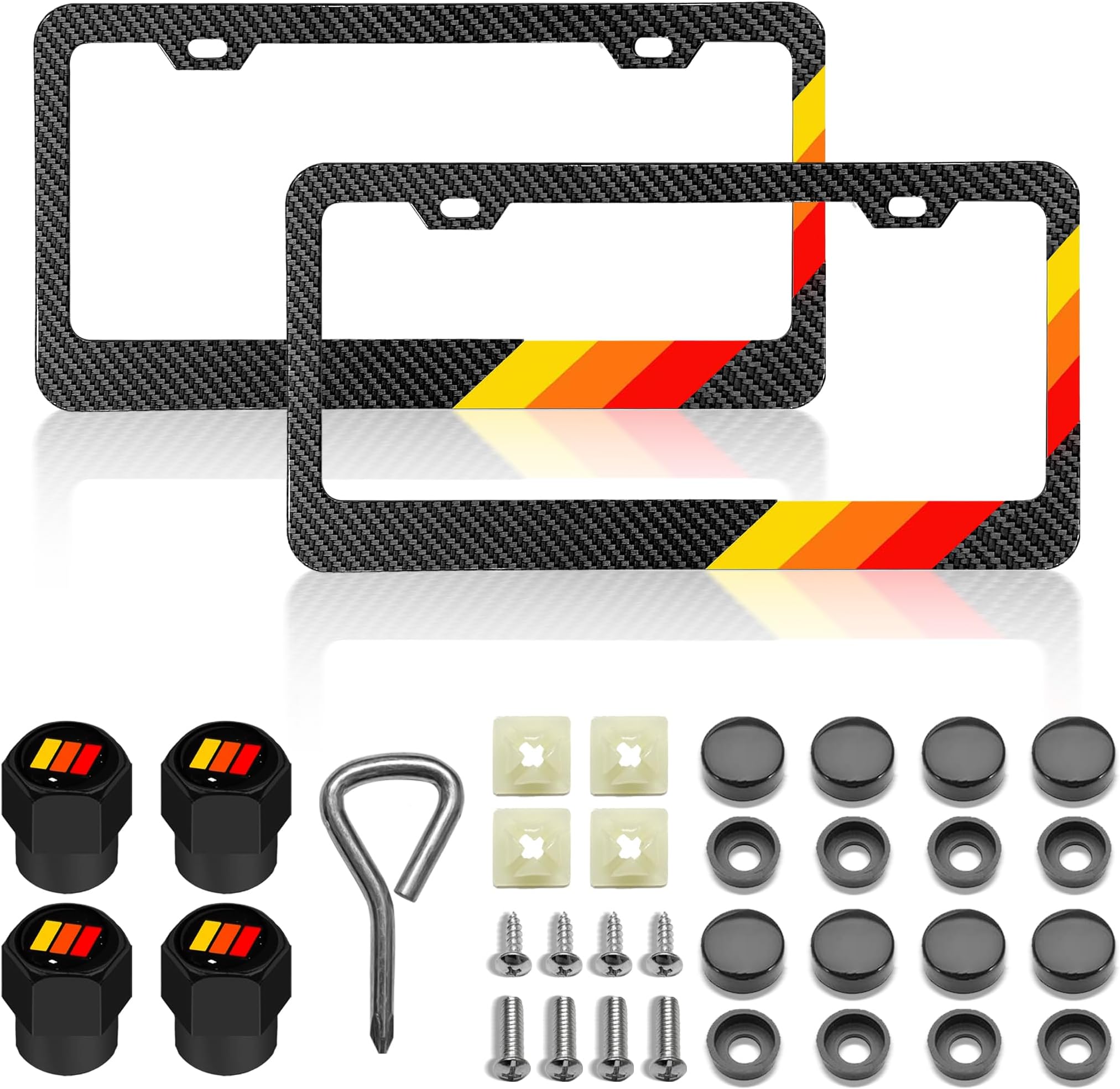 License Plate for Tri-Color 3 Color Yellow Orange Red Premium Carbon Fiber Steel License Plate Holder Compatible All Vehicle License Plate Tag Cover Fit Accessories Included