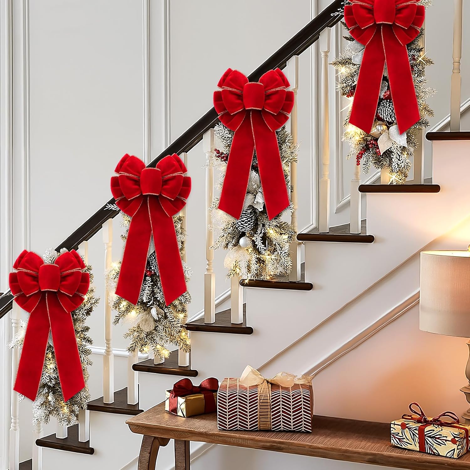 6 Pcs Red Bows 8" x 16" for Christmas Tree, Large Christmas Velvet Bows with Gold Border Waterproof Indoor Outdoor Xmas Tree Craft for Garland Swag Lantern Outdoor Decor