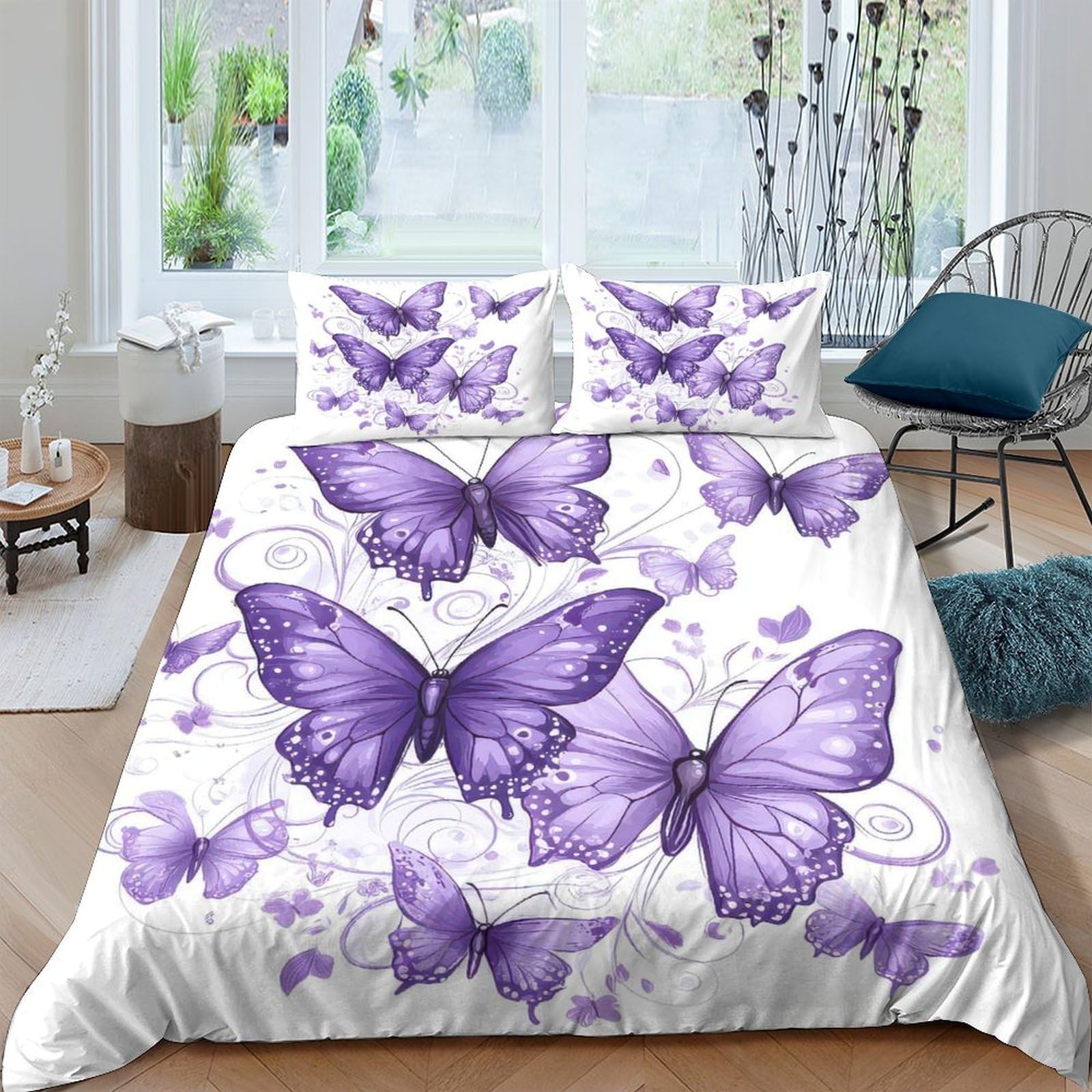 GPLZQXKJNH 3D Printed Purple Butterfly Duvet Cover Microfiber Soft Breathable Floral Quilt Cover Set with 2 Pillowcases for Bedroom Decor Single（135x200cm）