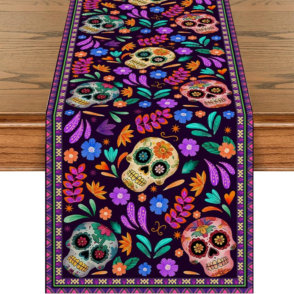 Dia De Los Muertos Table Runner Cinco de Mayo Rustic Linen Look Mexican Sugar Skull Day of The Dead Altar Decoration Kitchen Dining Table Decoration for Home Party Decor, 13x36inch — 사진 1