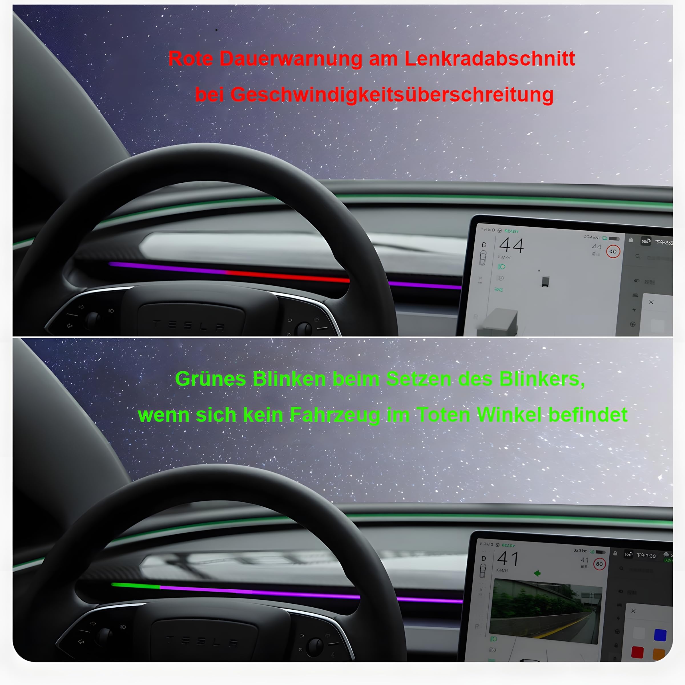 M.I.C. LED-Ambientelicht-Lichtleiste mit BSD – Totwinkel-, Geschwindigkeits & Türwarnung, farb- & helligkeitsregelbar, Plug-&-Play, ohne Kleben – in den Spalt gesteckt, passt für Model 3/Y ab 2021
