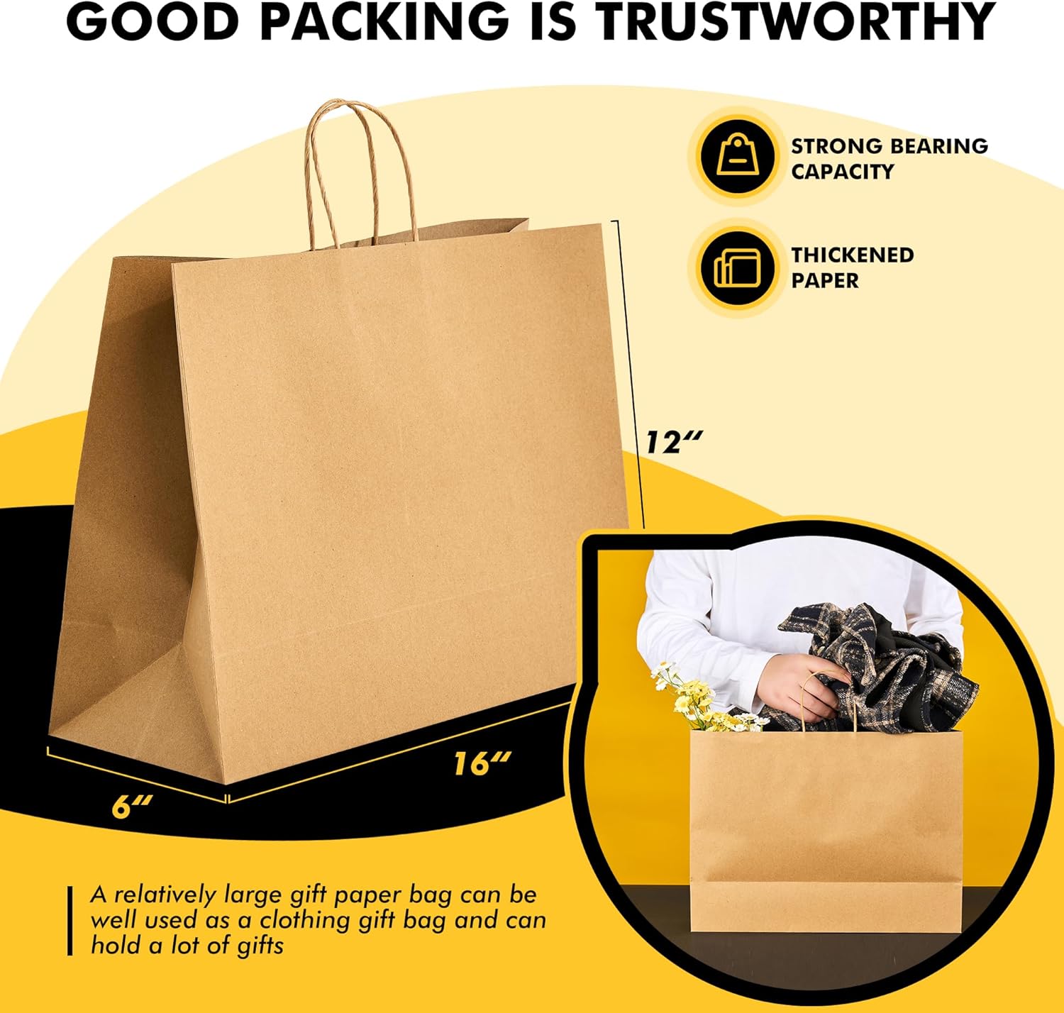 RACETOP Large Brown Paper Bags with Handles Bulk 100Pcs 16x6x12 Inch Gift Bags Bulk, Brown Kraft Paper Bags for Retail, Party, Shopping, Christmas, Favor - Image 2