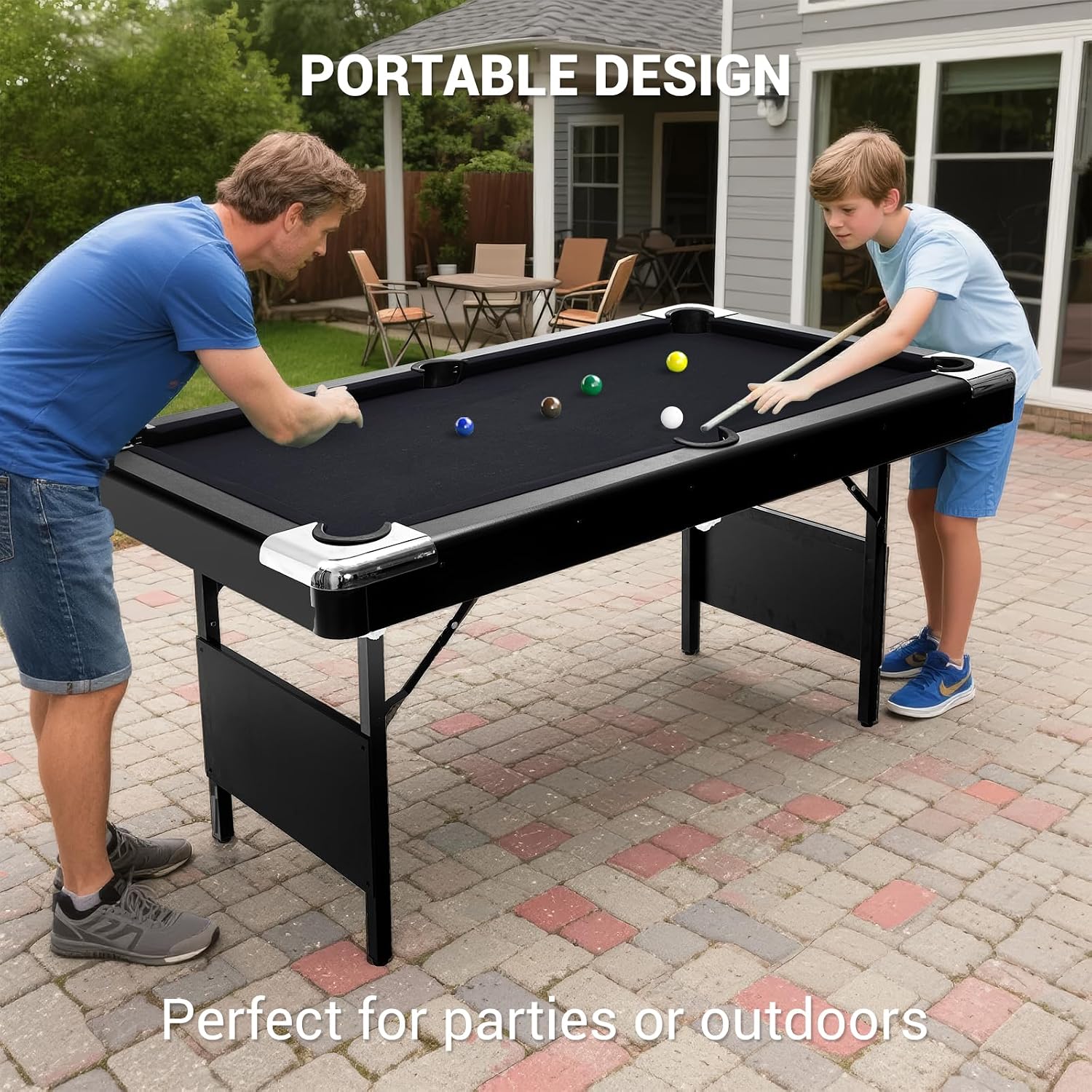 6 Foot Pool Table, Folding Billiard Tables, Portable Pool Table with Complete Accessories—Billiard Balls, 2 Cues, Chalk & Felt Brush for Game Rooms & Home Recreation