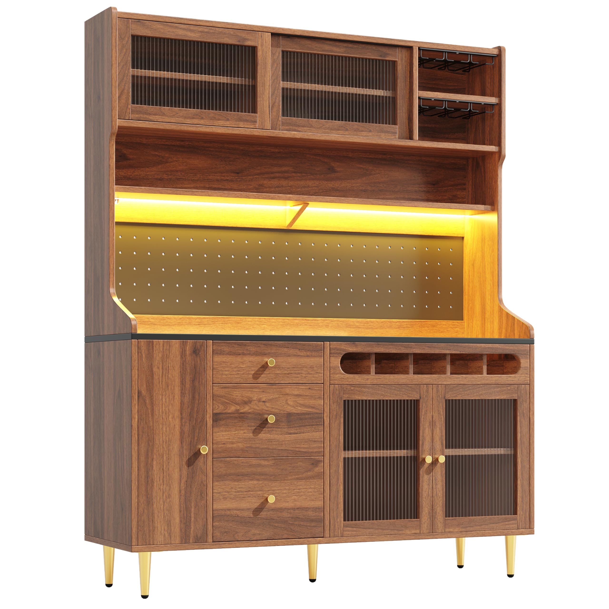 Armadio a buffet, alto, da cucina, da soggiorno con ripiani regolabili, con illuminazione a LED e scaffale per vino, 5 ante e 3 cassetti, per cucina, sala da pranzo, 145 x 39 x 171 cm (noce)