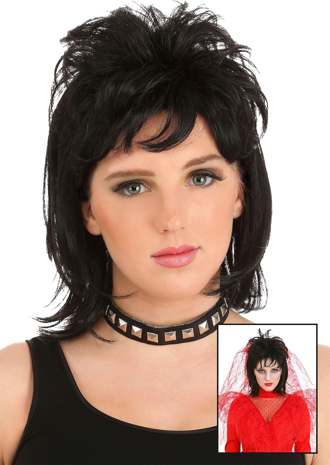 Women's 80s Rockstar Wig: Punk Rock Black Wig Wavy Curly Style for Adults | Iconic 80s Rocker Cosplay Hairpiece